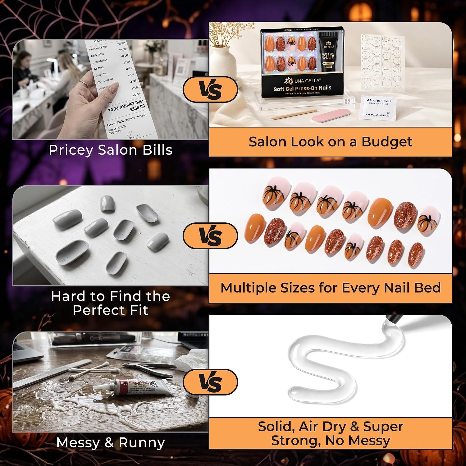 image:imageUNA GELLA Halloween Press On Nails Short Almond 32Pcs Pumpkin Fake Nails Soft Gel Nail Tips Almond Shape in 16 Sizes with Semi Glue and Jelly Tabs Orange Glitter Finish for Party Fall ManicuresHallowween Glitter Short Almond