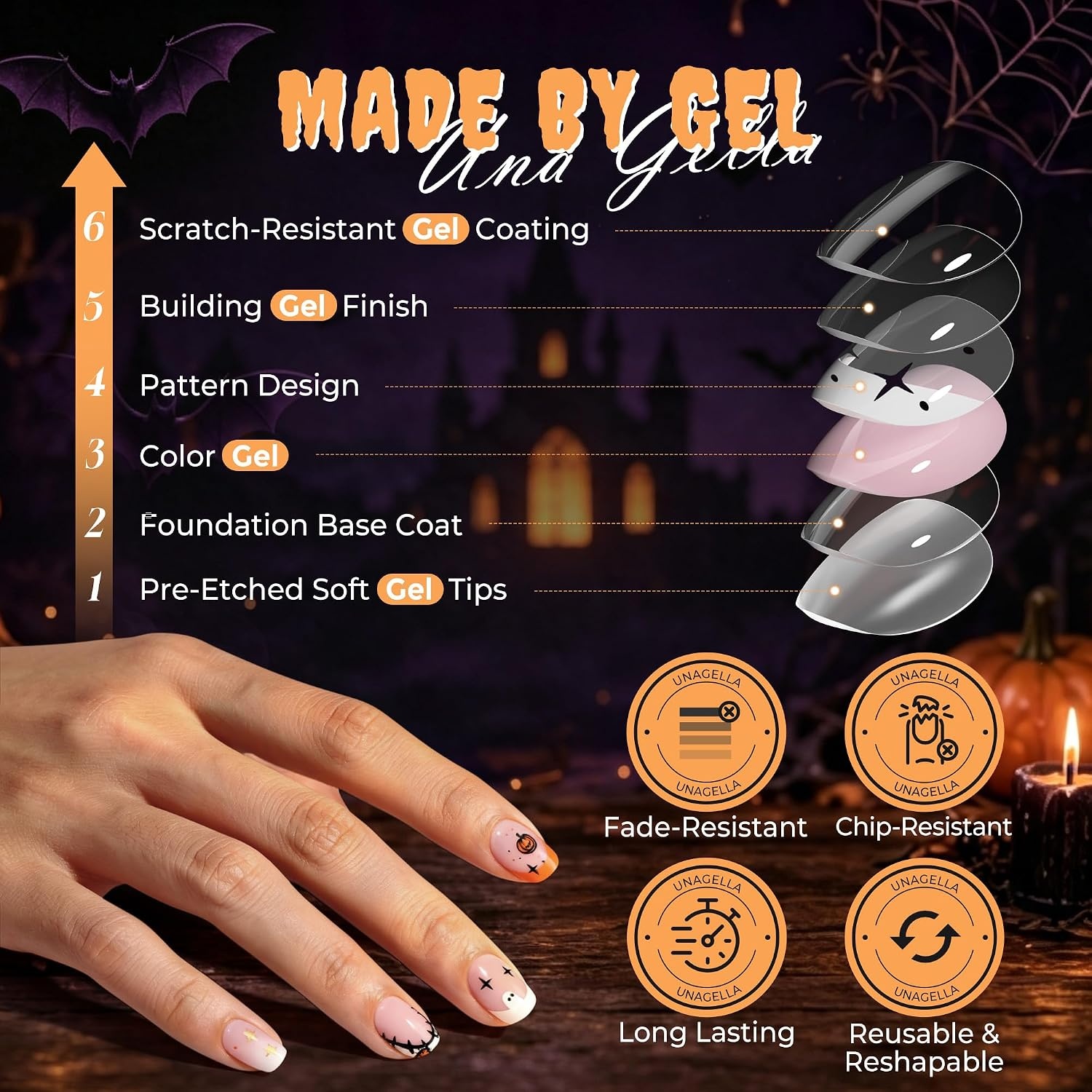 image:imageUNA GELLA Halloween Press On Nails Short Almond 32Pcs Pumpkin Fake Nails Soft Gel Nail Tips Almond Shape in 16 Sizes with Semi Glue and Jelly Tabs Orange Glitter Finish for Party Fall ManicuresTiny Pumpkin Boo Short Squoval
