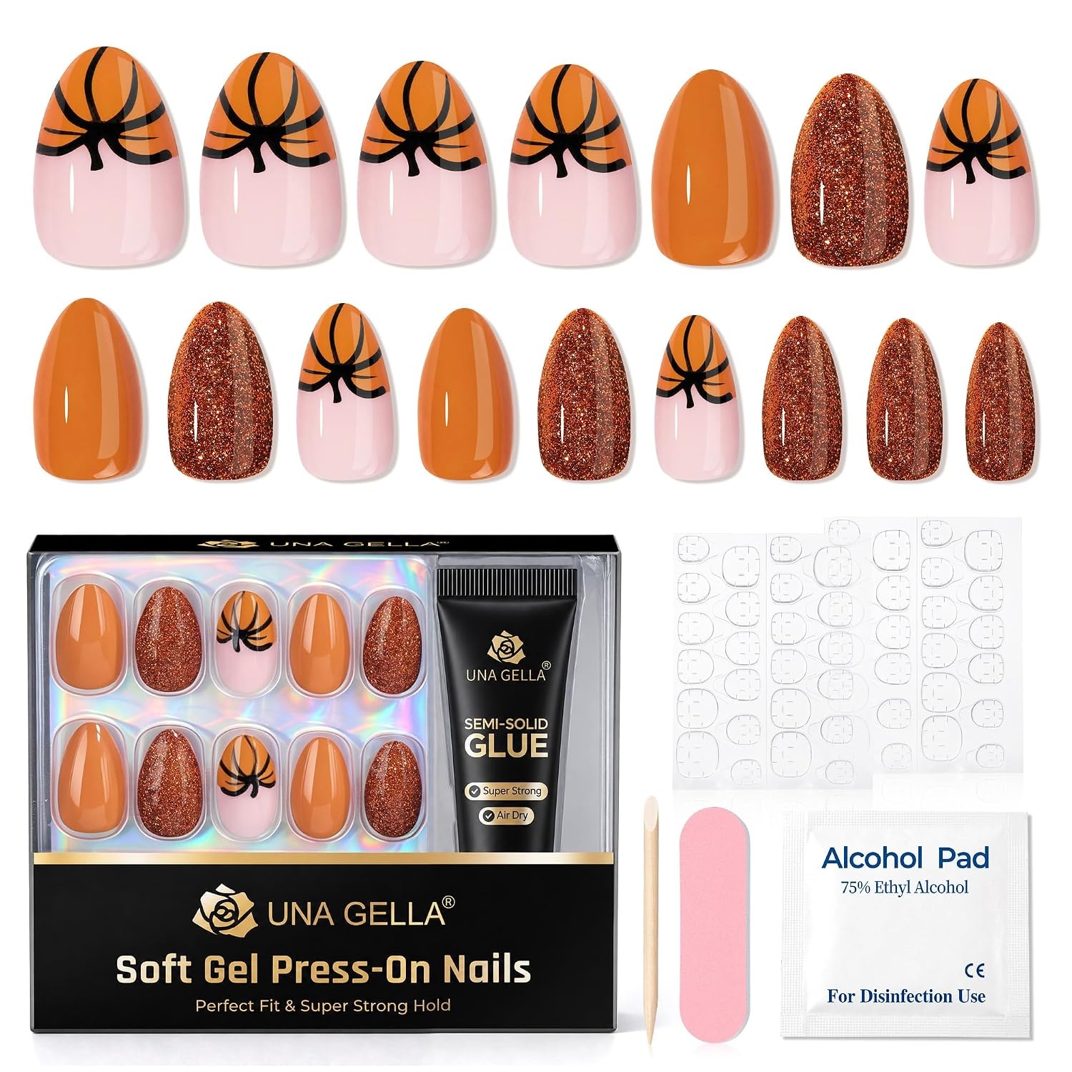 image:imageUNA GELLA Halloween Press On Nails Short Almond 32Pcs Pumpkin Fake Nails Soft Gel Nail Tips Almond Shape in 16 Sizes with Semi Glue and Jelly Tabs Orange Glitter Finish for Party Fall ManicuresHallowween Glitter Short Almond