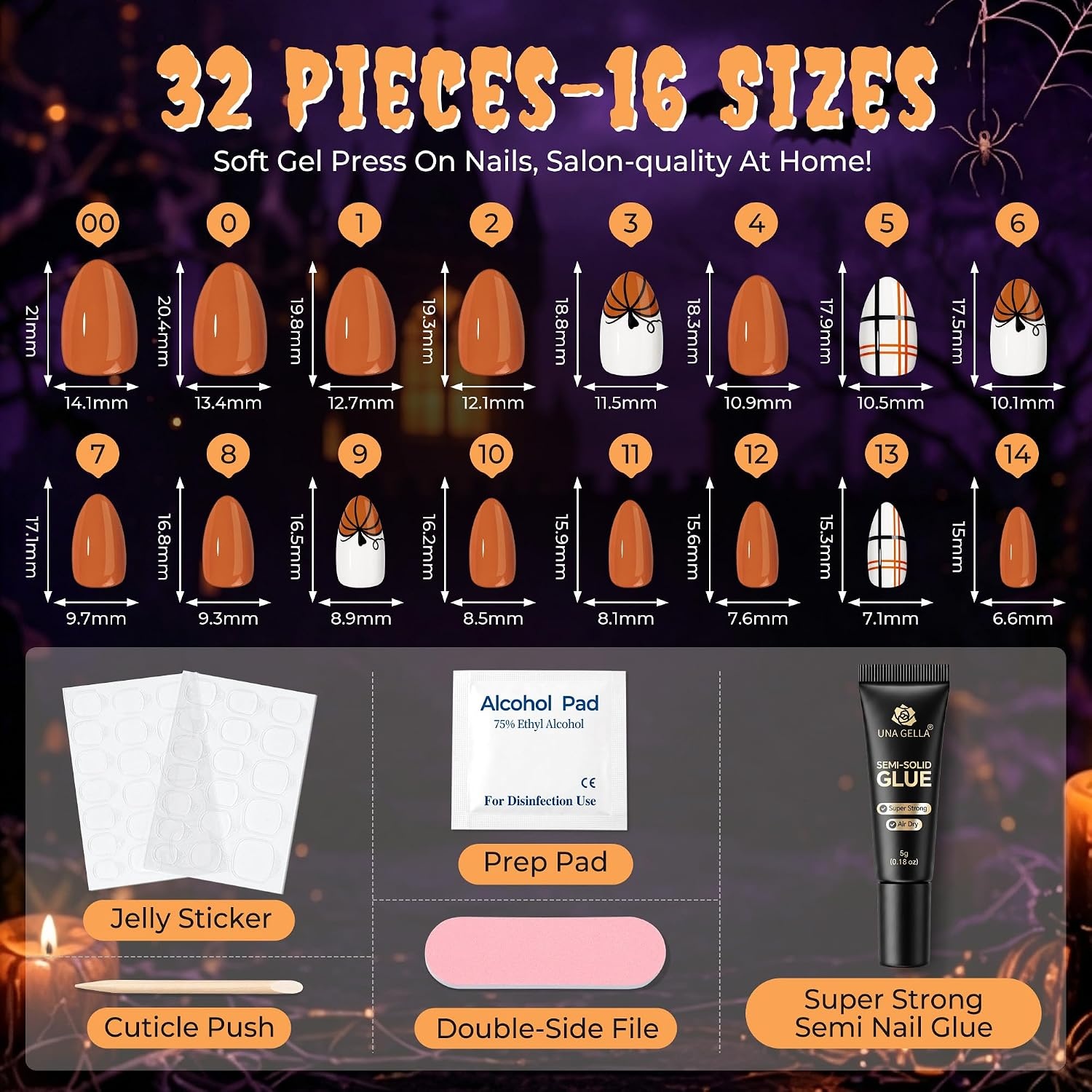 image:imageUNA GELLA Halloween Press On Nails Short Almond 32Pcs Pumpkin Fake Nails Soft Gel Nail Tips Almond Shape in 16 Sizes with Semi Glue and Jelly Tabs Orange Glitter Finish for Party Fall ManicuresHallowween Plaid Short Almond