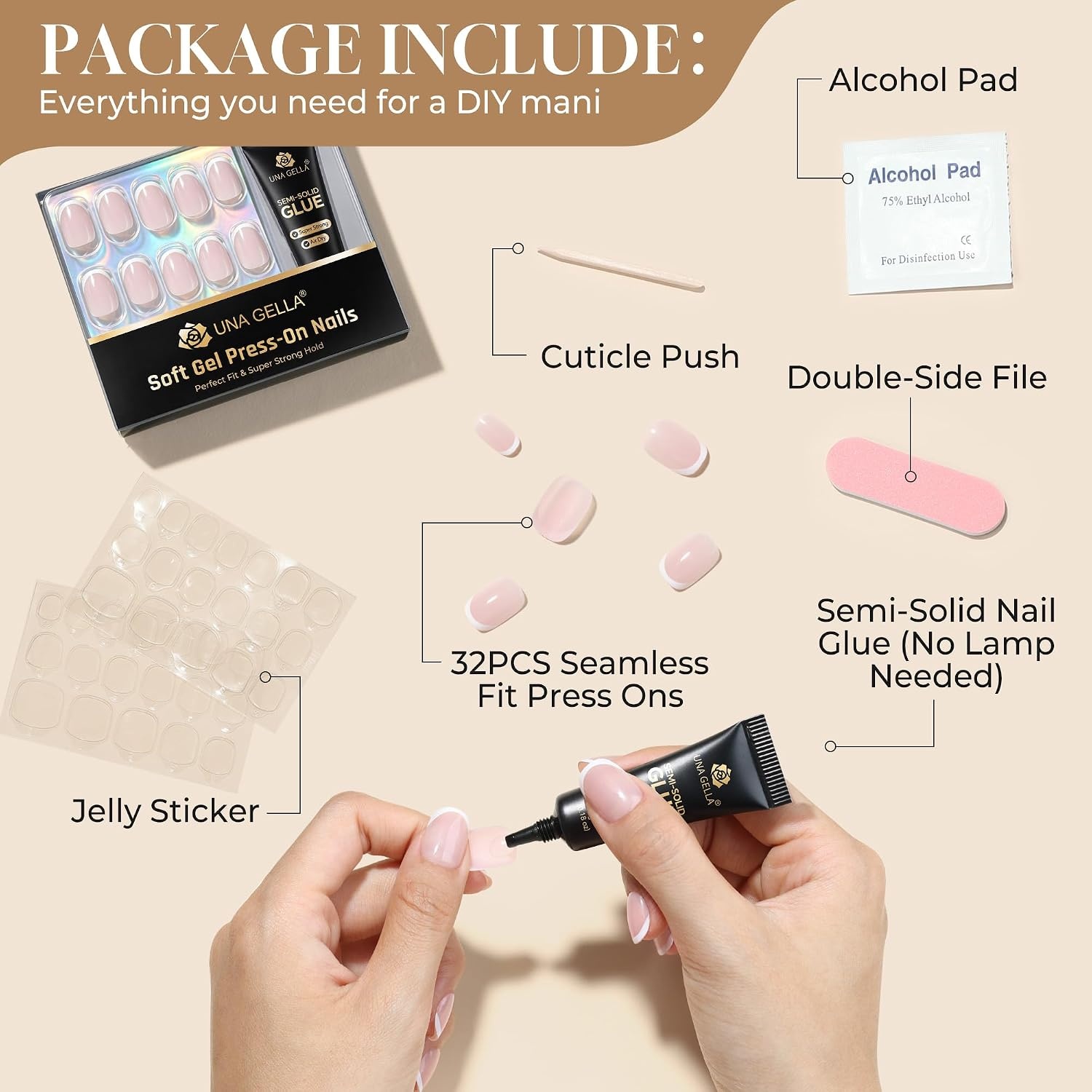 image:imageUNA GELLA Halloween Press On Nails Short Almond 32Pcs Pumpkin Fake Nails Soft Gel Nail Tips Almond Shape in 16 Sizes with Semi Glue and Jelly Tabs Orange Glitter Finish for Party Fall ManicuresClassic French Short Squoval
