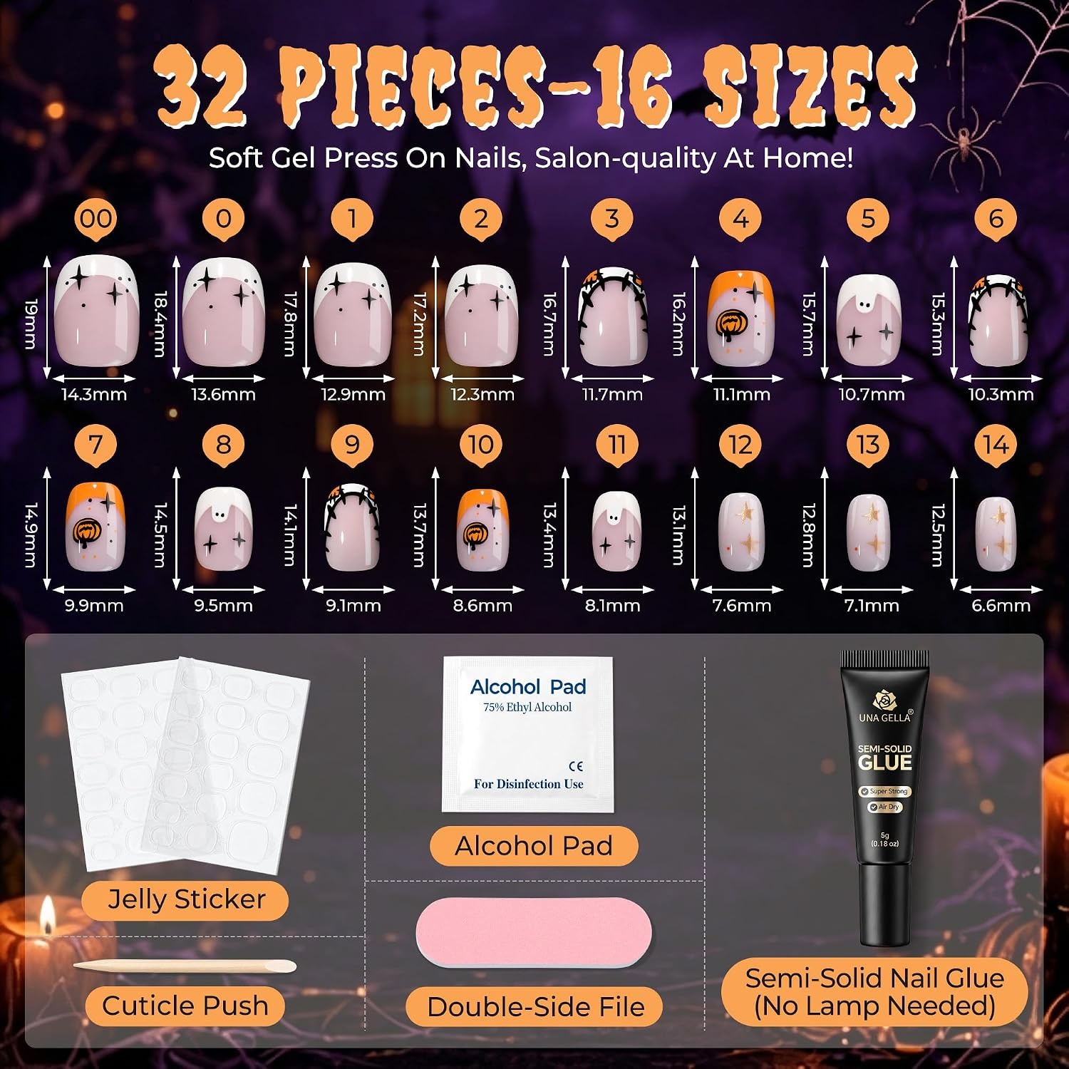 image:imageUNA GELLA Halloween Press On Nails Short Almond 32Pcs Pumpkin Fake Nails Soft Gel Nail Tips Almond Shape in 16 Sizes with Semi Glue and Jelly Tabs Orange Glitter Finish for Party Fall ManicuresTiny Pumpkin Boo Short Squoval