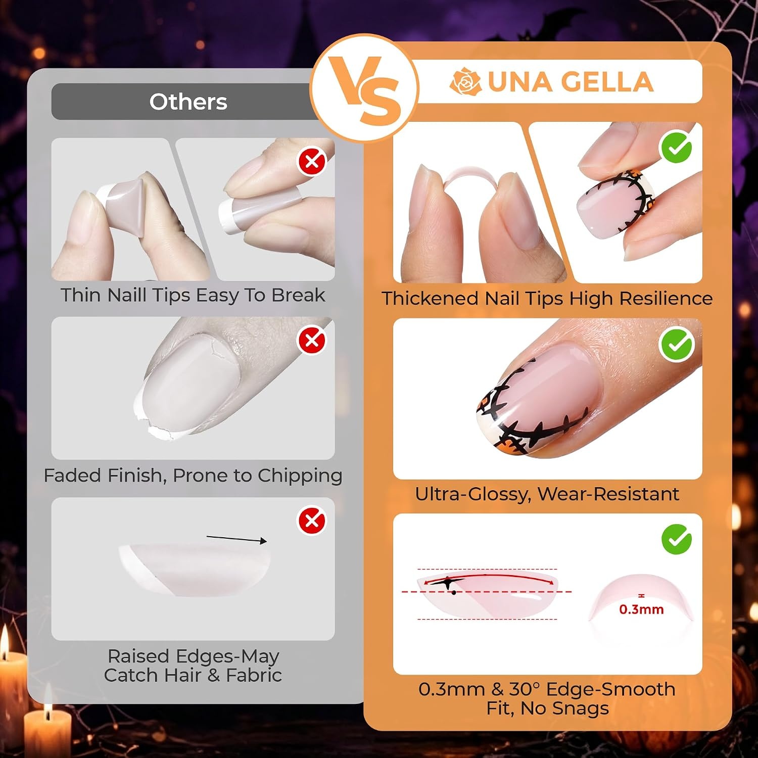 image:imageUNA GELLA Halloween Press On Nails Short Almond 32Pcs Pumpkin Fake Nails Soft Gel Nail Tips Almond Shape in 16 Sizes with Semi Glue and Jelly Tabs Orange Glitter Finish for Party Fall ManicuresTiny Pumpkin Boo Short Squoval