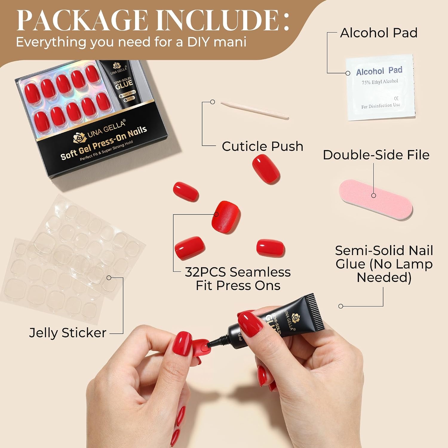 image:imageUNA GELLA Halloween Press On Nails Short Almond 32Pcs Pumpkin Fake Nails Soft Gel Nail Tips Almond Shape in 16 Sizes with Semi Glue and Jelly Tabs Orange Glitter Finish for Party Fall ManicuresPrue Red Short Squoval