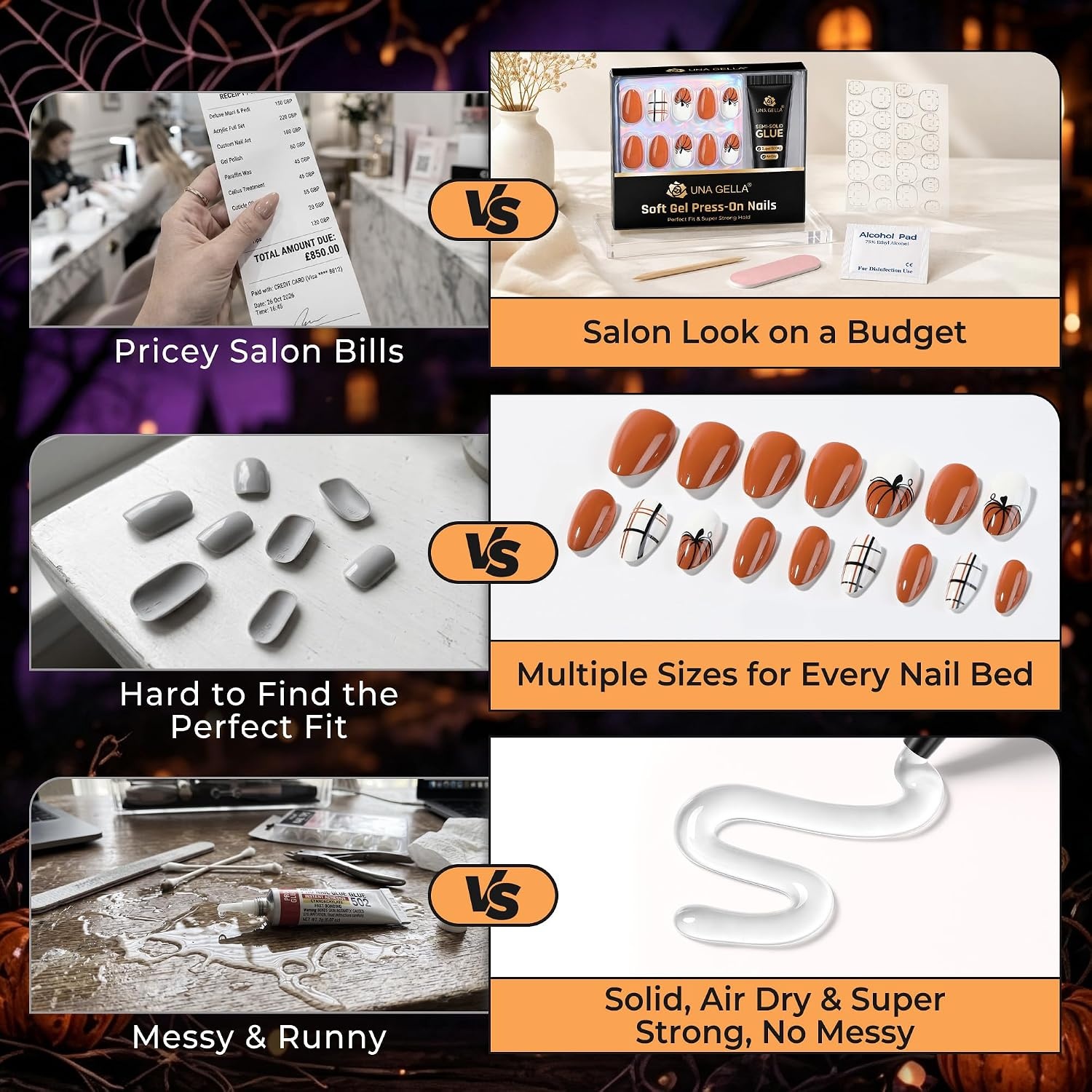 image:imageUNA GELLA Halloween Press On Nails Short Almond 32Pcs Pumpkin Fake Nails Soft Gel Nail Tips Almond Shape in 16 Sizes with Semi Glue and Jelly Tabs Orange Glitter Finish for Party Fall ManicuresHallowween Plaid Short Almond