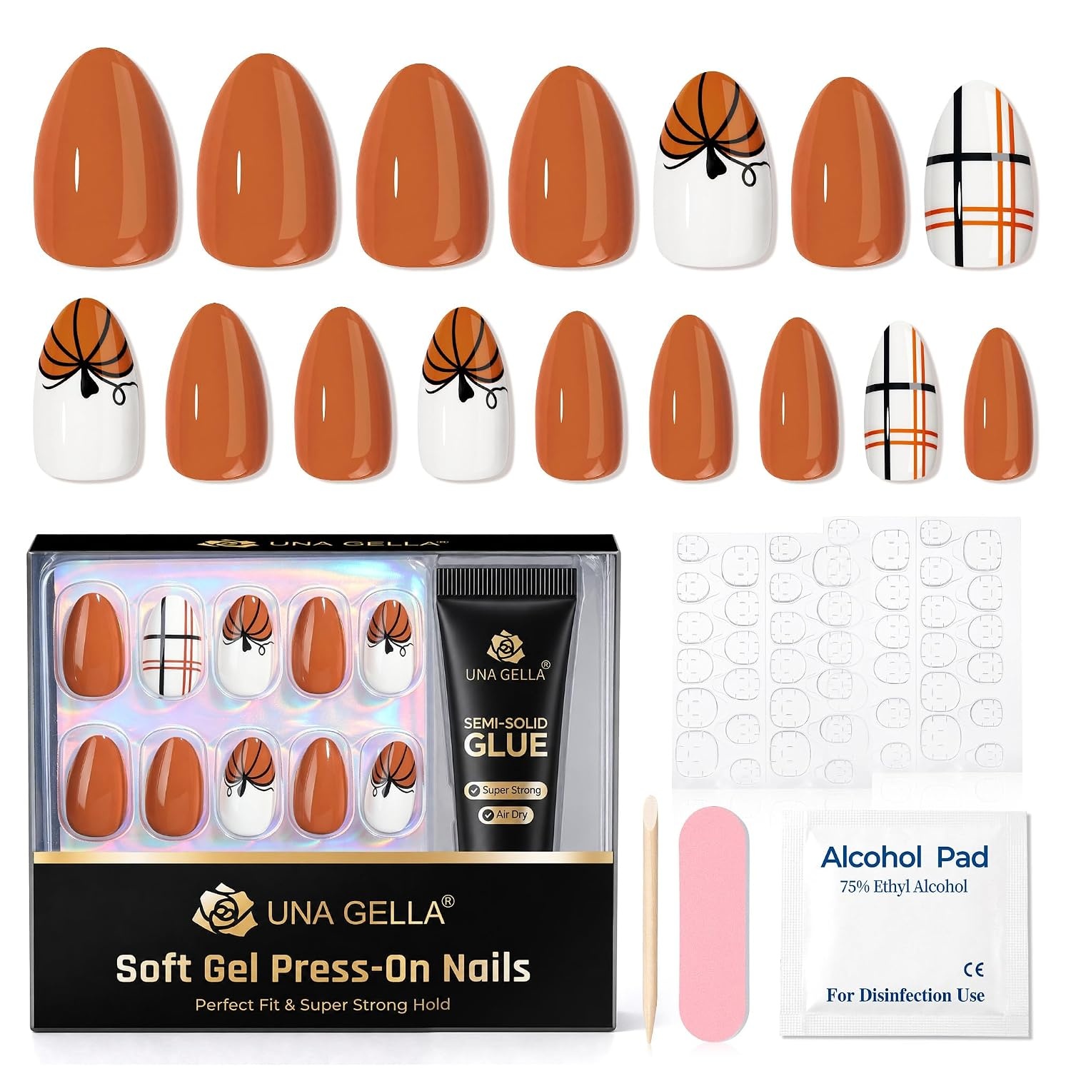 image:imageUNA GELLA Halloween Press On Nails Short Almond 32Pcs Pumpkin Fake Nails Soft Gel Nail Tips Almond Shape in 16 Sizes with Semi Glue and Jelly Tabs Orange Glitter Finish for Party Fall ManicuresHallowween Plaid Short Almond