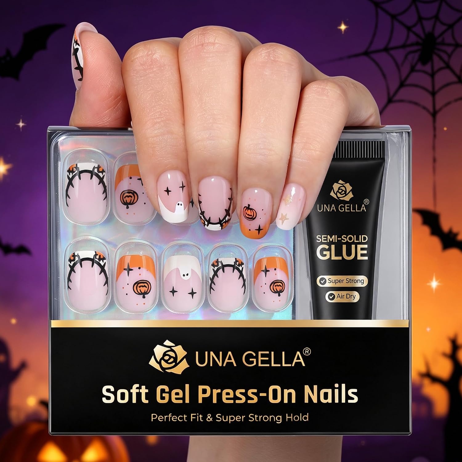 image:imageUNA GELLA Halloween Press On Nails Short Almond 32Pcs Pumpkin Fake Nails Soft Gel Nail Tips Almond Shape in 16 Sizes with Semi Glue and Jelly Tabs Orange Glitter Finish for Party Fall ManicuresTiny Pumpkin Boo Short Squoval