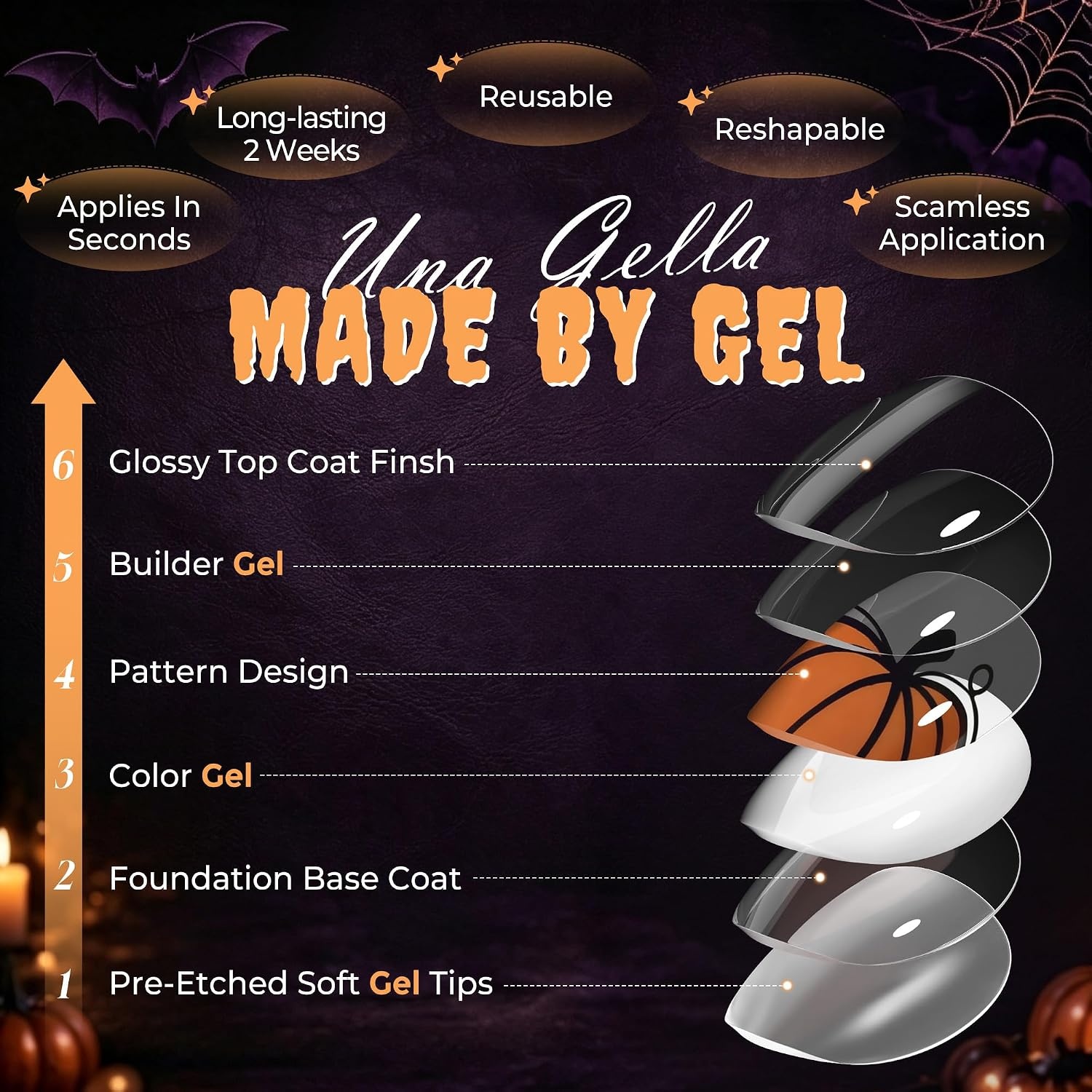 image:imageUNA GELLA Halloween Press On Nails Short Almond 32Pcs Pumpkin Fake Nails Soft Gel Nail Tips Almond Shape in 16 Sizes with Semi Glue and Jelly Tabs Orange Glitter Finish for Party Fall ManicuresHallowween Plaid Short Almond