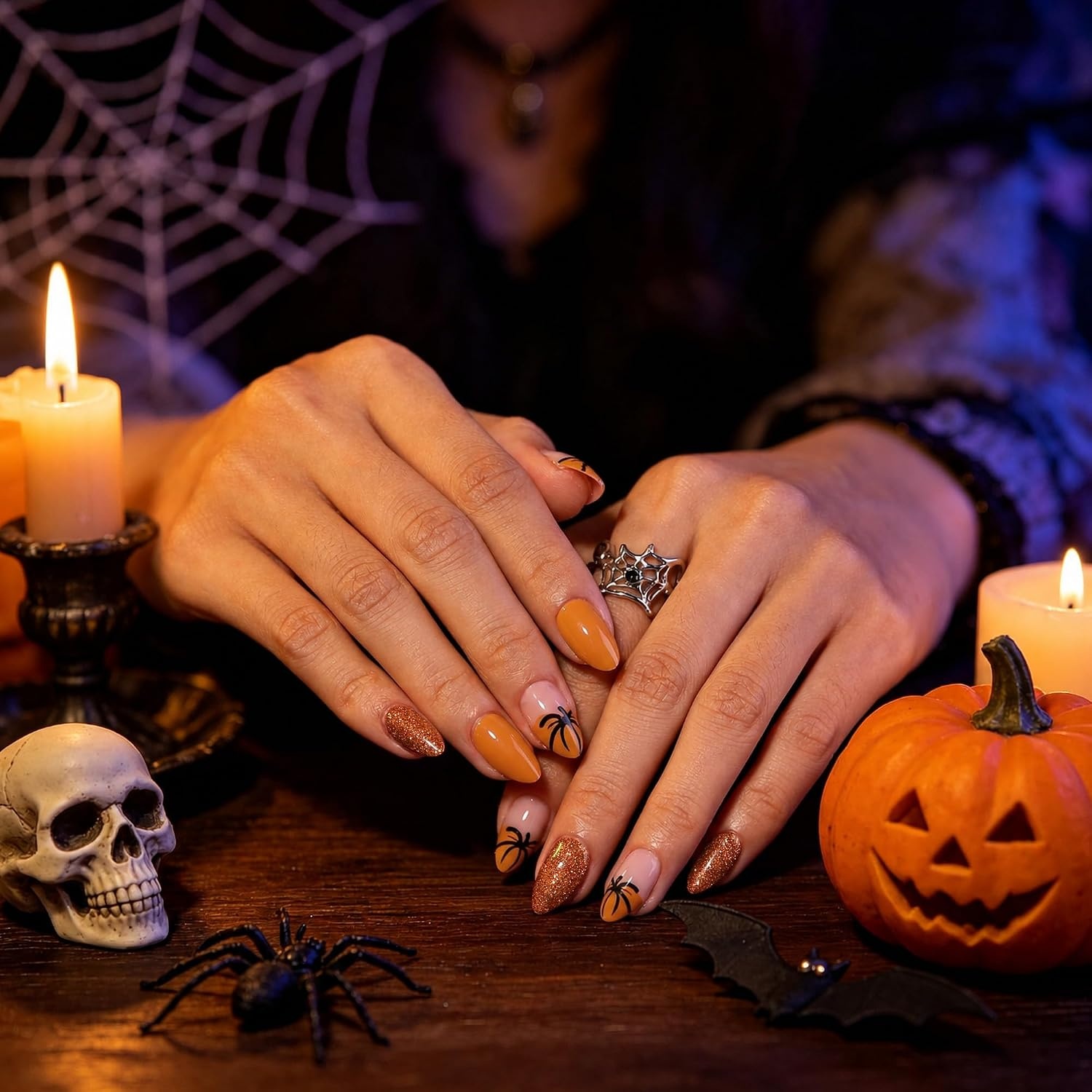 image:imageUNA GELLA Halloween Press On Nails Short Almond 32Pcs Pumpkin Fake Nails Soft Gel Nail Tips Almond Shape in 16 Sizes with Semi Glue and Jelly Tabs Orange Glitter Finish for Party Fall ManicuresHallowween Glitter Short Almond