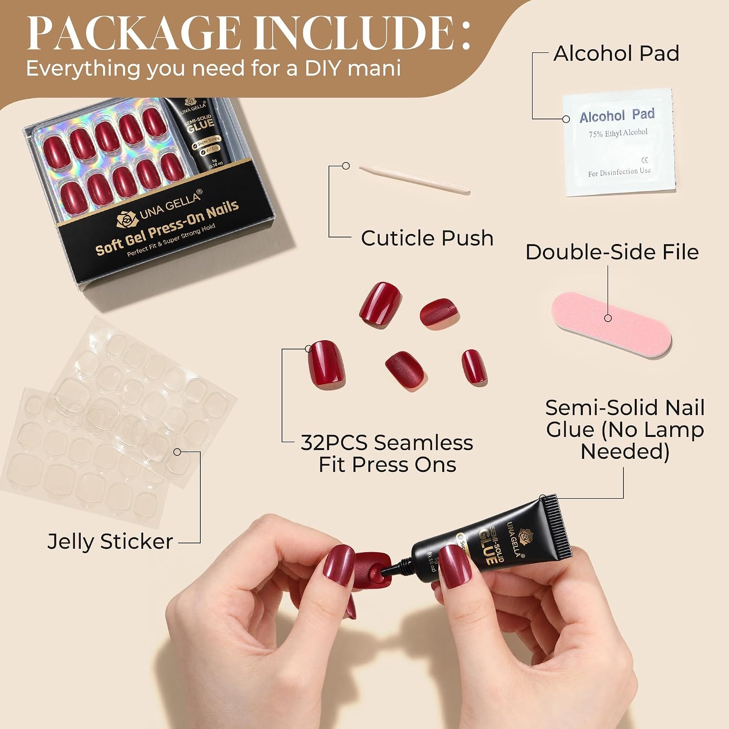 image:imageUNA GELLA Halloween Press On Nails Short Almond 32Pcs Pumpkin Fake Nails Soft Gel Nail Tips Almond Shape in 16 Sizes with Semi Glue and Jelly Tabs Orange Glitter Finish for Party Fall ManicuresGlazed Garnet Short Squoval