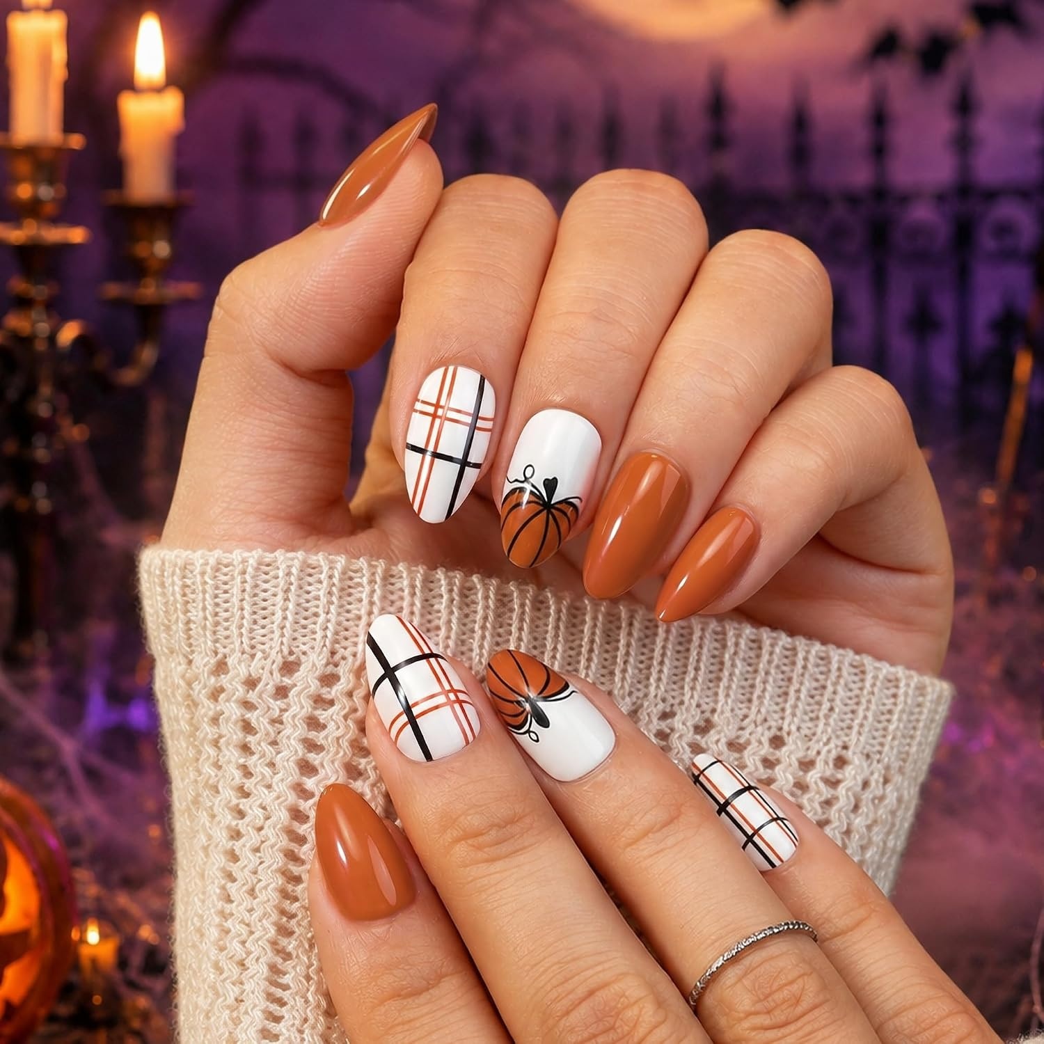 image:imageUNA GELLA Halloween Press On Nails Short Almond 32Pcs Pumpkin Fake Nails Soft Gel Nail Tips Almond Shape in 16 Sizes with Semi Glue and Jelly Tabs Orange Glitter Finish for Party Fall ManicuresHallowween Plaid Short Almond
