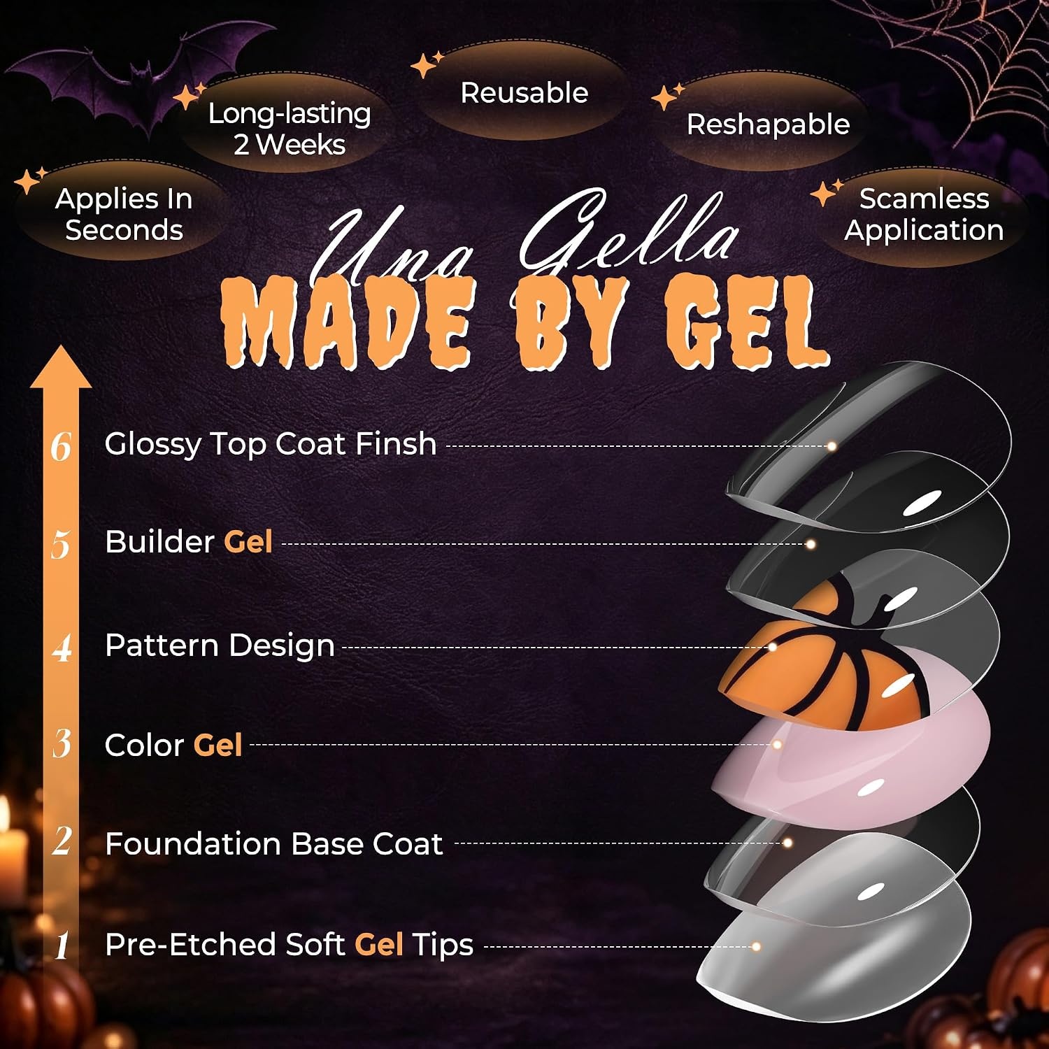 image:imageUNA GELLA Halloween Press On Nails Short Almond 32Pcs Pumpkin Fake Nails Soft Gel Nail Tips Almond Shape in 16 Sizes with Semi Glue and Jelly Tabs Orange Glitter Finish for Party Fall ManicuresHallowween Glitter Short Almond