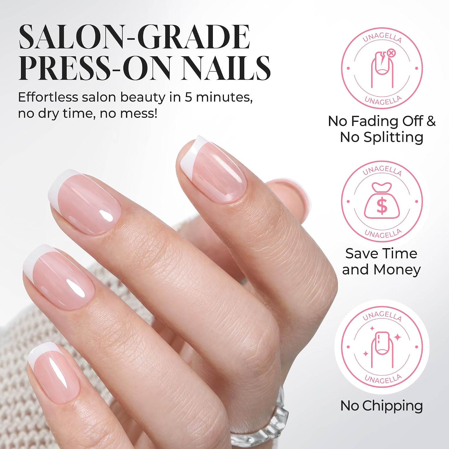 image:imageUNA GELLA Short Square Press On Nails 32 Pcs 16 Sizes Soft Gel Fake Nails Sheer Jelly Light Pink Glossy False Nails for Women Reusable Stick On Nails Kit with Glue and Adhesive TabsQuiet Luxury French