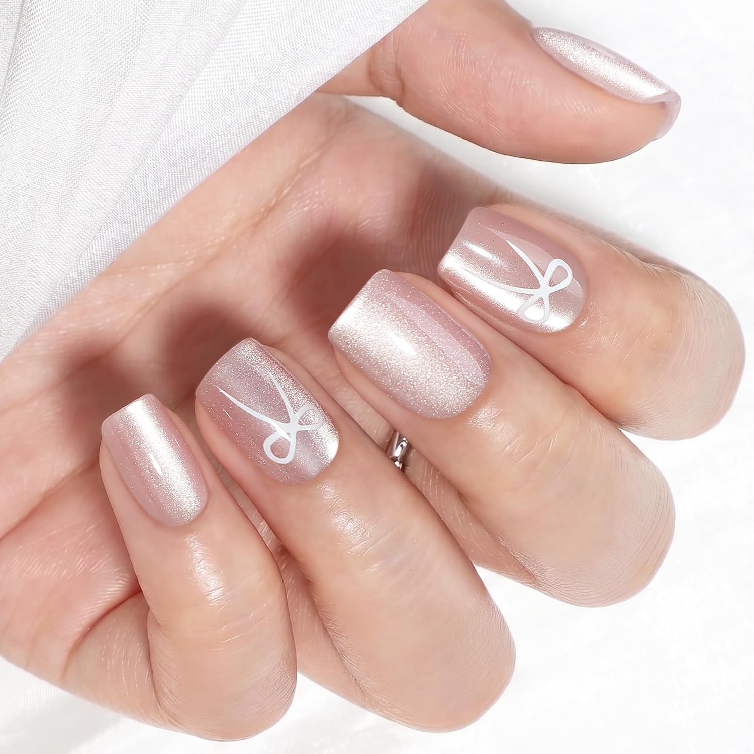 image:imageUNA GELLA Short Square Press On Nails 32 Pcs 16 Sizes Soft Gel Fake Nails Sheer Jelly Light Pink Glossy False Nails for Women Reusable Stick On Nails Kit with Glue and Adhesive TabsBalletcore Bow