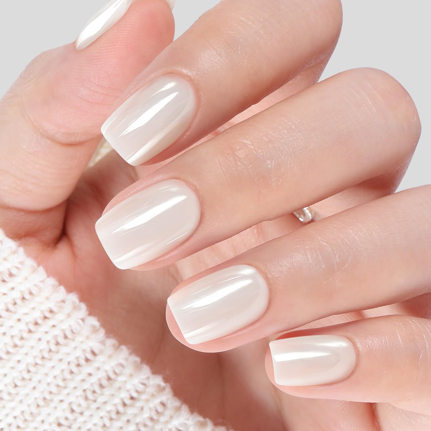 image:imageUNA GELLA Short Square Press On Nails 32 Pcs 16 Sizes Soft Gel Fake Nails Sheer Jelly Light Pink Glossy False Nails for Women Reusable Stick On Nails Kit with Glue and Adhesive TabsChrome Pearl White