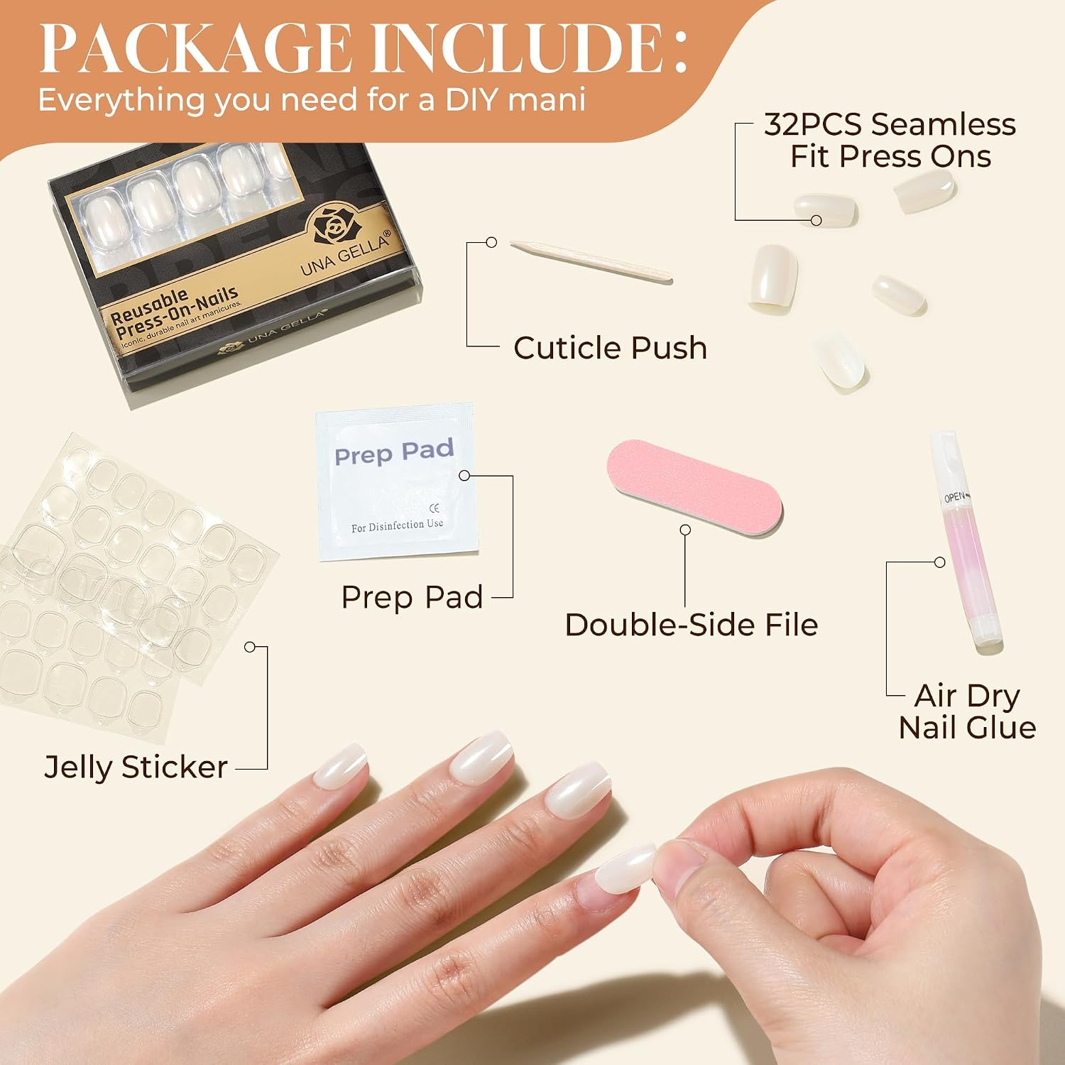 image:imageUNA GELLA Short Square Press On Nails 32 Pcs 16 Sizes Soft Gel Fake Nails Sheer Jelly Light Pink Glossy False Nails for Women Reusable Stick On Nails Kit with Glue and Adhesive TabsChrome Pearl White