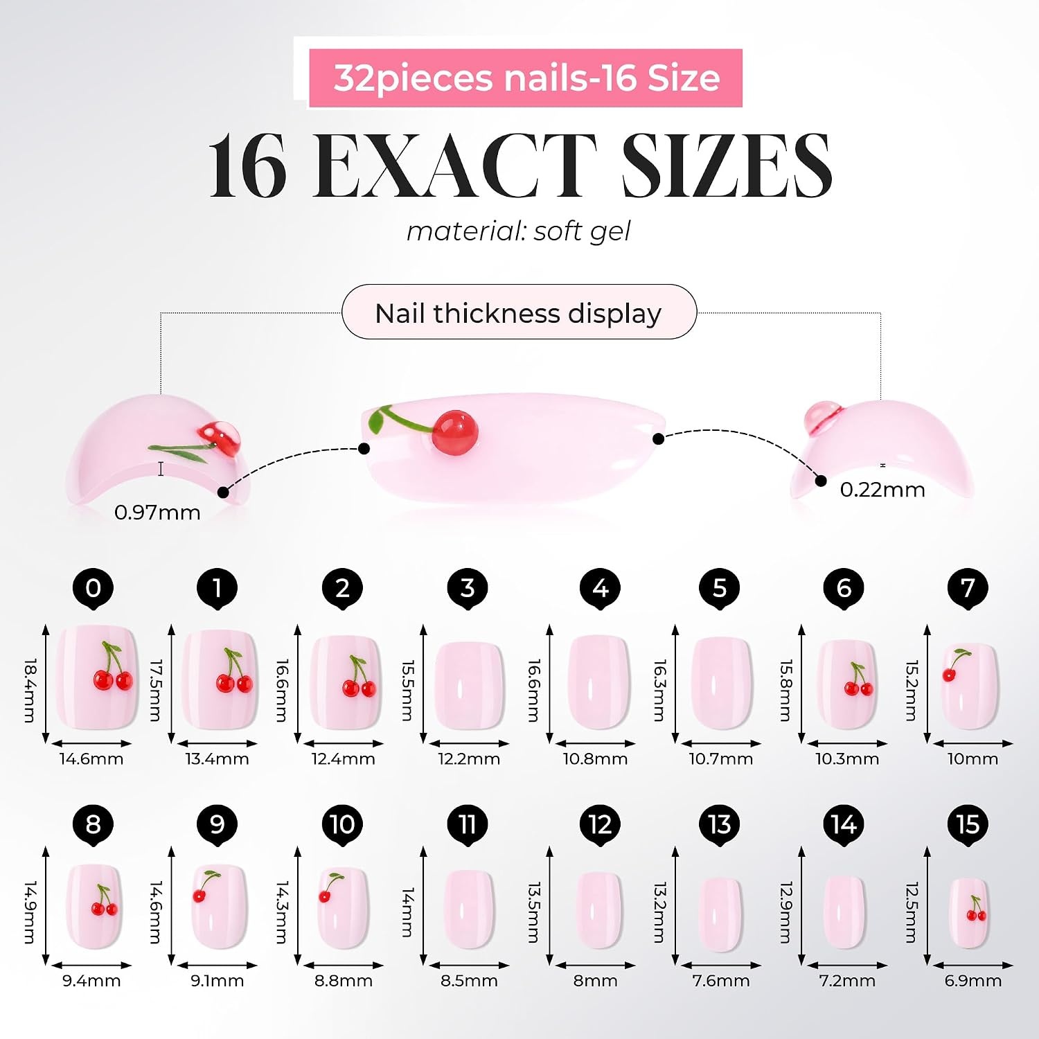 image:imageUNA GELLA Short Square Press On Nails 32 Pcs 16 Sizes Soft Gel Fake Nails Sheer Jelly Light Pink Glossy False Nails for Women Reusable Stick On Nails Kit with Glue and Adhesive TabsCoquette Cherry