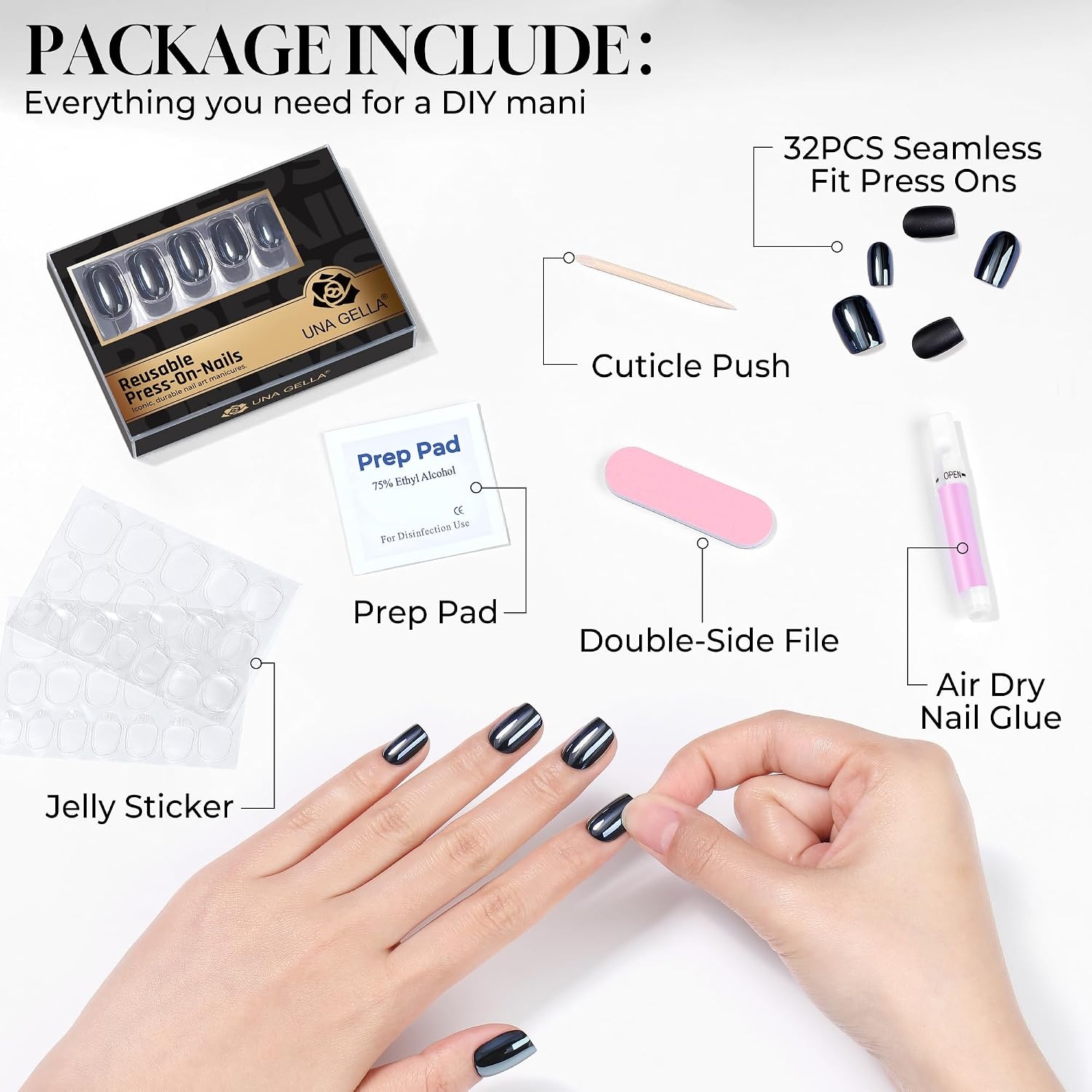 image:imageUNA GELLA Short Square Press On Nails 32 Pcs 16 Sizes Soft Gel Fake Nails Sheer Jelly Light Pink Glossy False Nails for Women Reusable Stick On Nails Kit with Glue and Adhesive TabsMidnight Obsidian