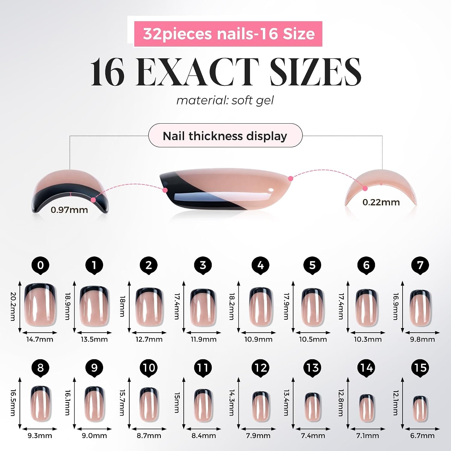image:imageUNA GELLA Short Square Press On Nails 32 Pcs 16 Sizes Soft Gel Fake Nails Sheer Jelly Light Pink Glossy False Nails for Women Reusable Stick On Nails Kit with Glue and Adhesive TabsMidnight French