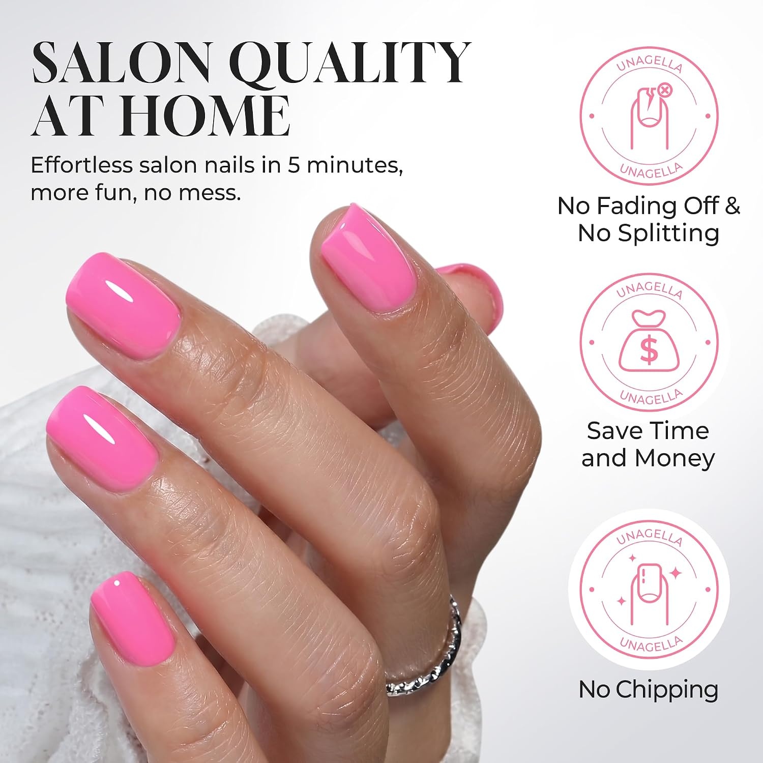 image:imageUNA GELLA Short Square Press On Nails 32 Pcs 16 Sizes Soft Gel Fake Nails Sheer Jelly Light Pink Glossy False Nails for Women Reusable Stick On Nails Kit with Glue and Adhesive TabsHot Pink