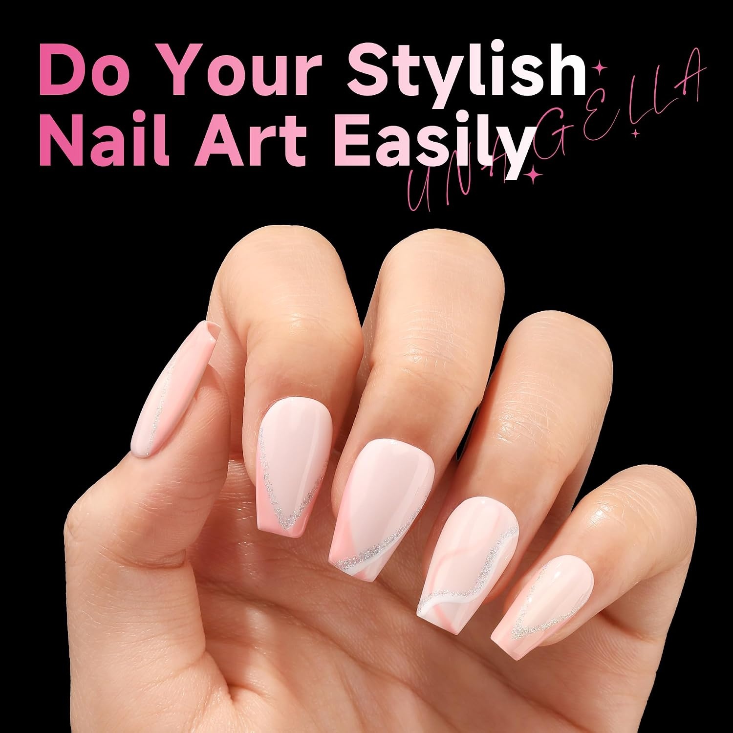 image:imageUNA GELLA Short Square Press On Nails 32 Pcs 16 Sizes Soft Gel Fake Nails Sheer Jelly Light Pink Glossy False Nails for Women Reusable Stick On Nails Kit with Glue and Adhesive TabsZShort Coffin
