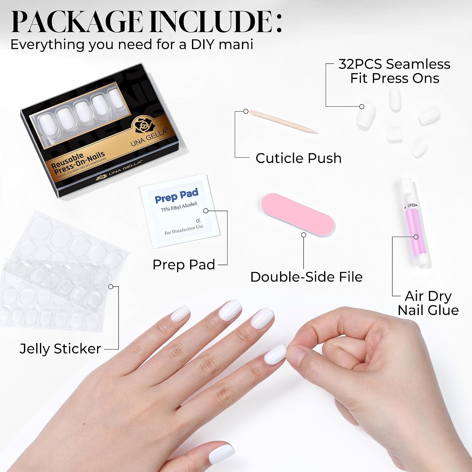 image:imageUNA GELLA Short Square Press On Nails 32 Pcs 16 Sizes Soft Gel Fake Nails Sheer Jelly Light Pink Glossy False Nails for Women Reusable Stick On Nails Kit with Glue and Adhesive TabsCoconut Milk