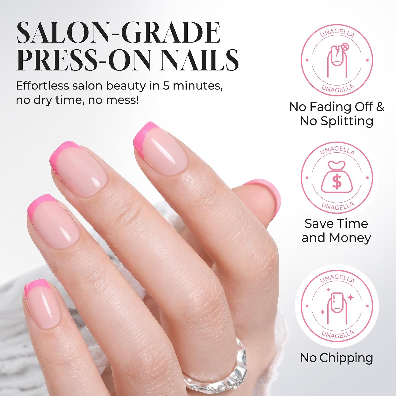image:imageUNA GELLA Short Square Press On Nails 32 Pcs 16 Sizes Soft Gel Fake Nails Sheer Jelly Light Pink Glossy False Nails for Women Reusable Stick On Nails Kit with Glue and Adhesive TabsHot Pink French