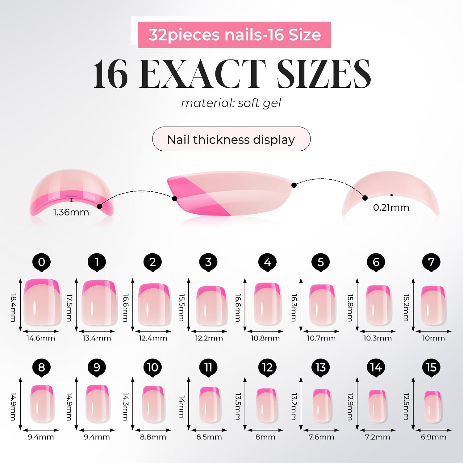 image:imageUNA GELLA Short Square Press On Nails 32 Pcs 16 Sizes Soft Gel Fake Nails Sheer Jelly Light Pink Glossy False Nails for Women Reusable Stick On Nails Kit with Glue and Adhesive TabsHot Pink French