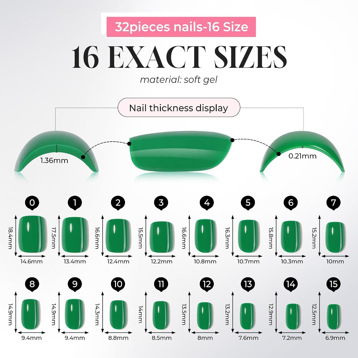 image:imageUNA GELLA Short Square Press On Nails 32 Pcs 16 Sizes Soft Gel Fake Nails Sheer Jelly Light Pink Glossy False Nails for Women Reusable Stick On Nails Kit with Glue and Adhesive TabsKelly Green