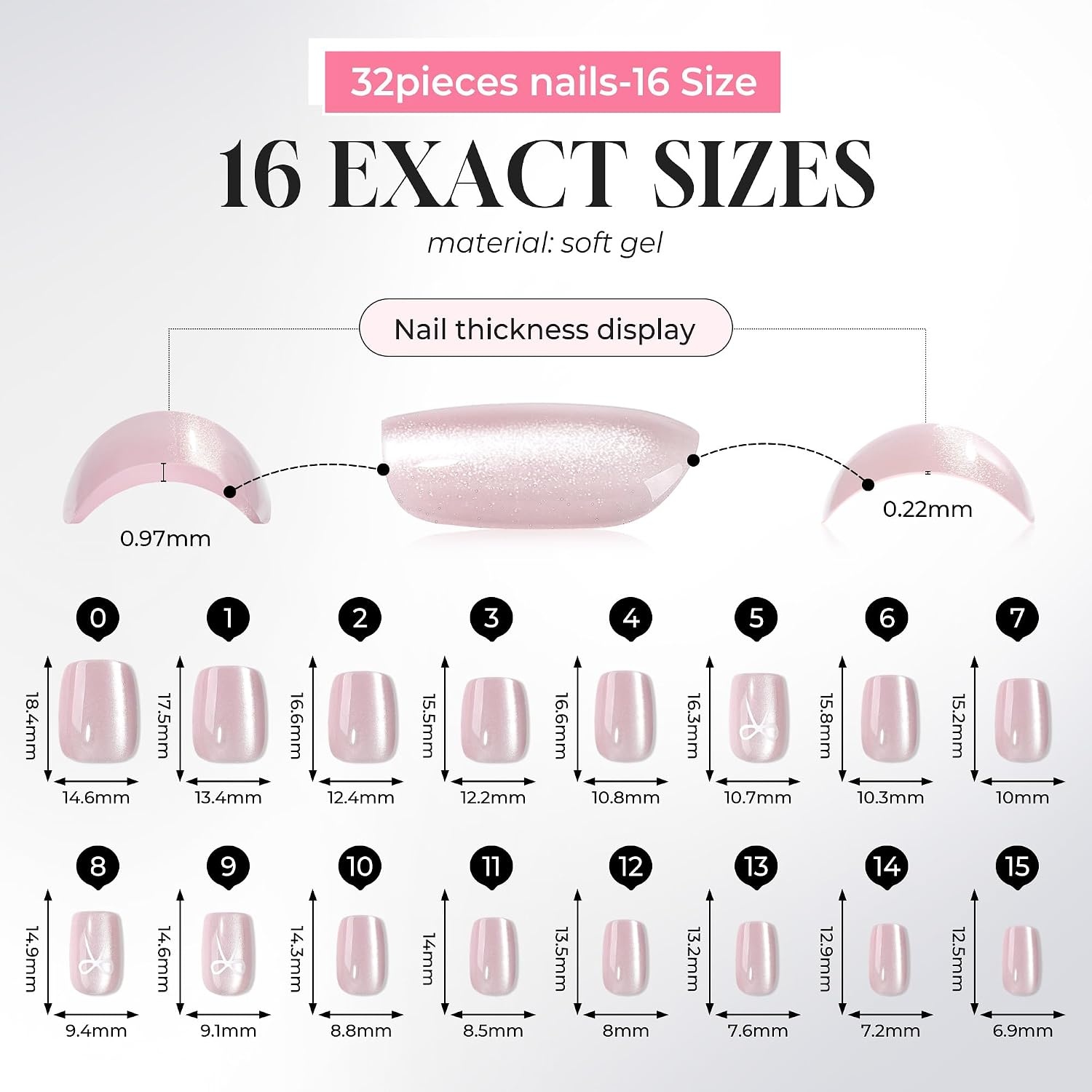 image:imageUNA GELLA Short Square Press On Nails 32 Pcs 16 Sizes Soft Gel Fake Nails Sheer Jelly Light Pink Glossy False Nails for Women Reusable Stick On Nails Kit with Glue and Adhesive TabsBalletcore Bow