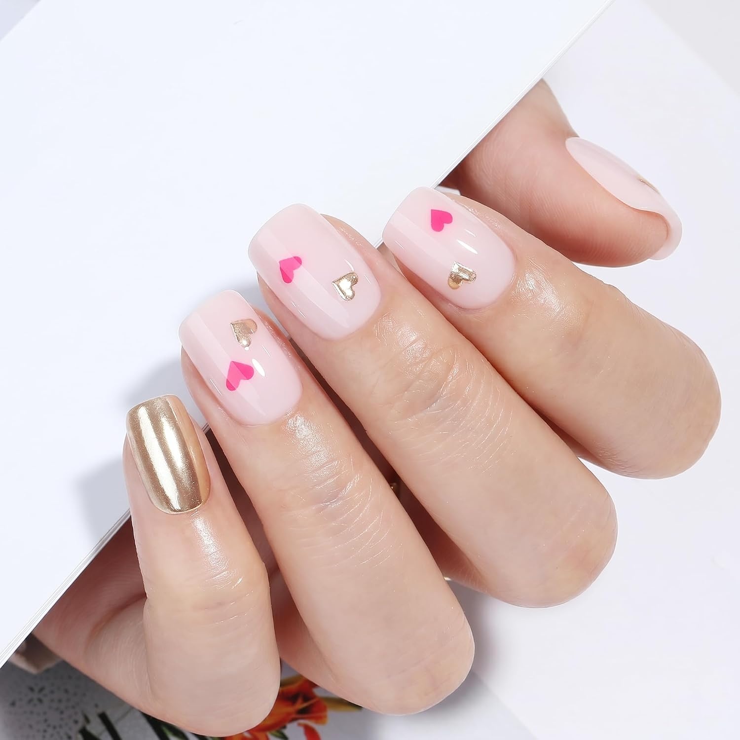 image:imageUNA GELLA Short Square Press On Nails 32 Pcs 16 Sizes Soft Gel Fake Nails Sheer Jelly Light Pink Glossy False Nails for Women Reusable Stick On Nails Kit with Glue and Adhesive TabsGolden Cupid Chic