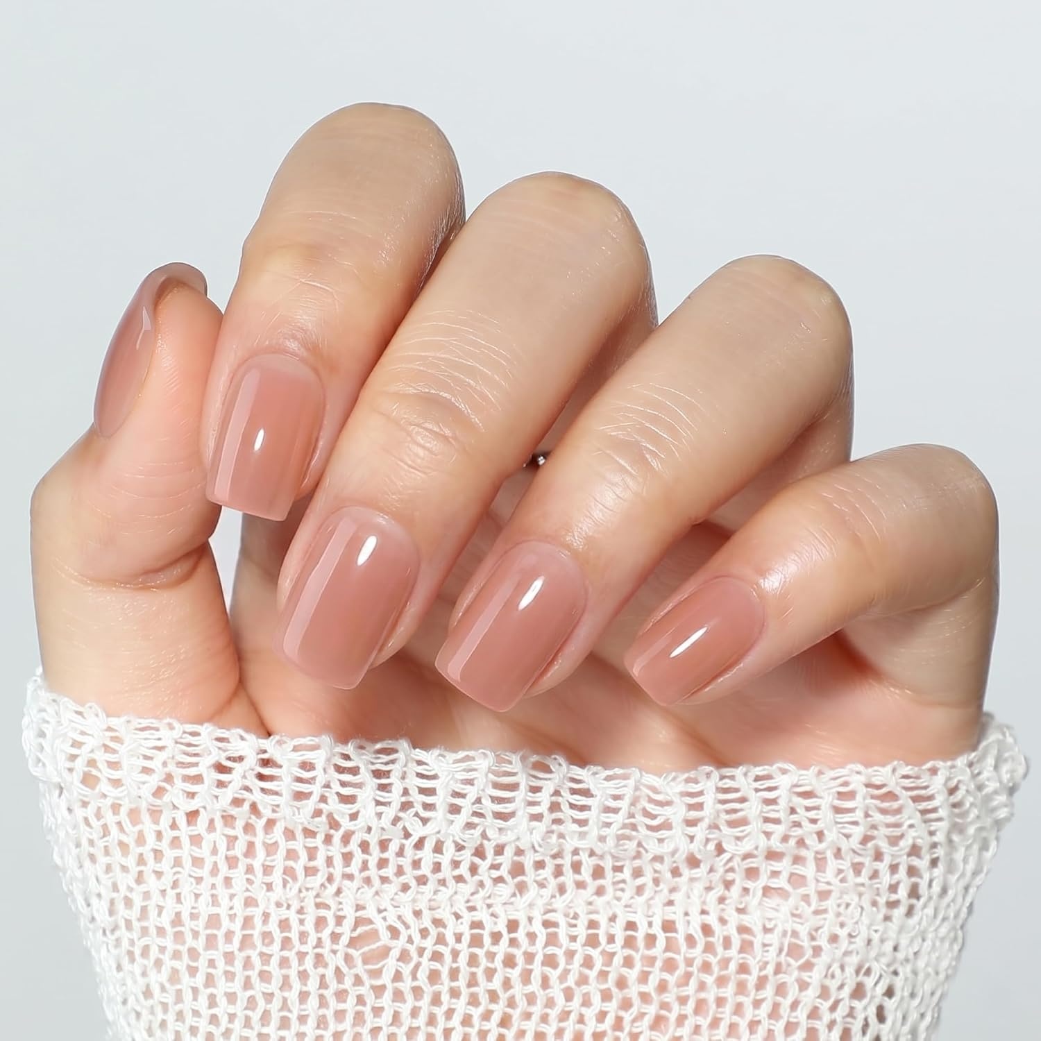 image:imageUNA GELLA Short Square Press On Nails 32 Pcs 16 Sizes Soft Gel Fake Nails Sheer Jelly Light Pink Glossy False Nails for Women Reusable Stick On Nails Kit with Glue and Adhesive TabsMilk Tea Jelly