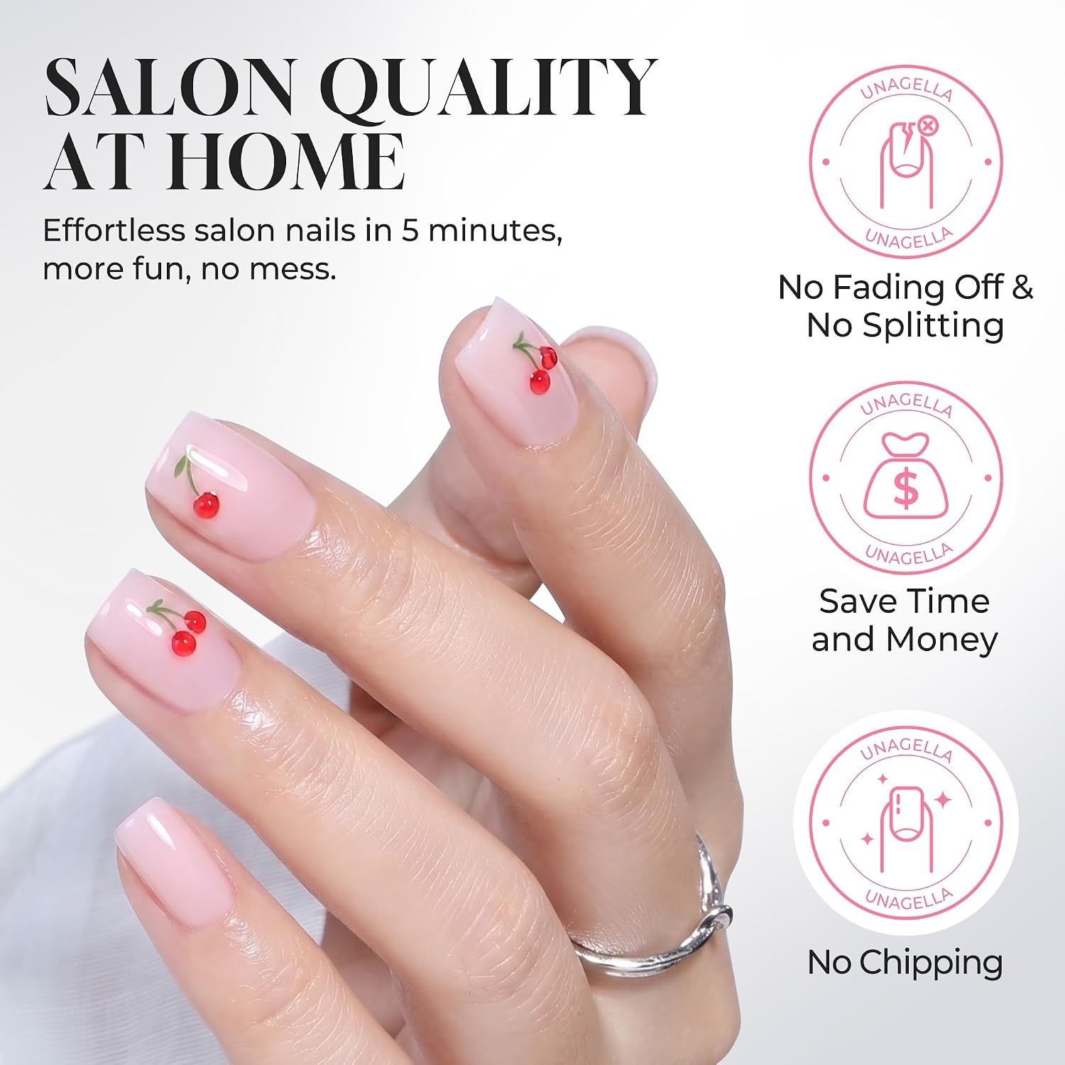 image:imageUNA GELLA Short Square Press On Nails 32 Pcs 16 Sizes Soft Gel Fake Nails Sheer Jelly Light Pink Glossy False Nails for Women Reusable Stick On Nails Kit with Glue and Adhesive TabsCoquette Cherry