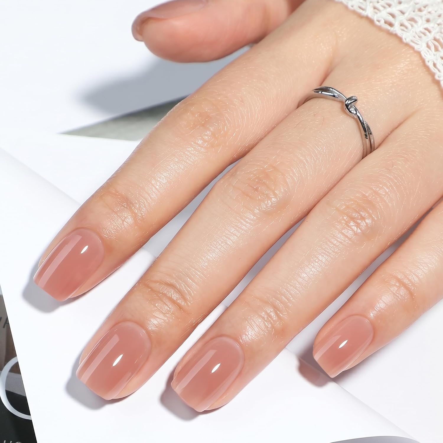 image:imageUNA GELLA Short Square Press On Nails 32 Pcs 16 Sizes Soft Gel Fake Nails Sheer Jelly Light Pink Glossy False Nails for Women Reusable Stick On Nails Kit with Glue and Adhesive TabsMilk Tea Jelly