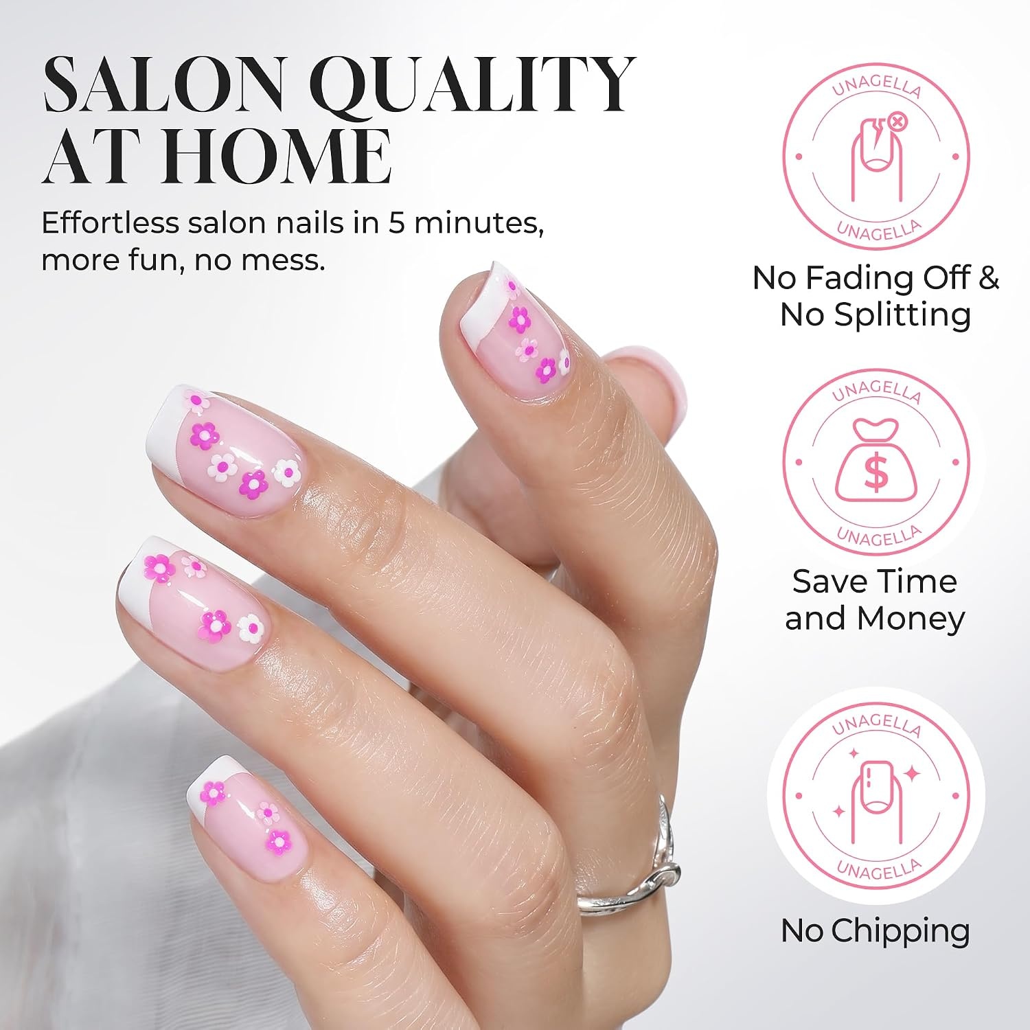 image:imageUNA GELLA Short Square Press On Nails 32 Pcs 16 Sizes Soft Gel Fake Nails Sheer Jelly Light Pink Glossy False Nails for Women Reusable Stick On Nails Kit with Glue and Adhesive TabsHot Pink Daisy French