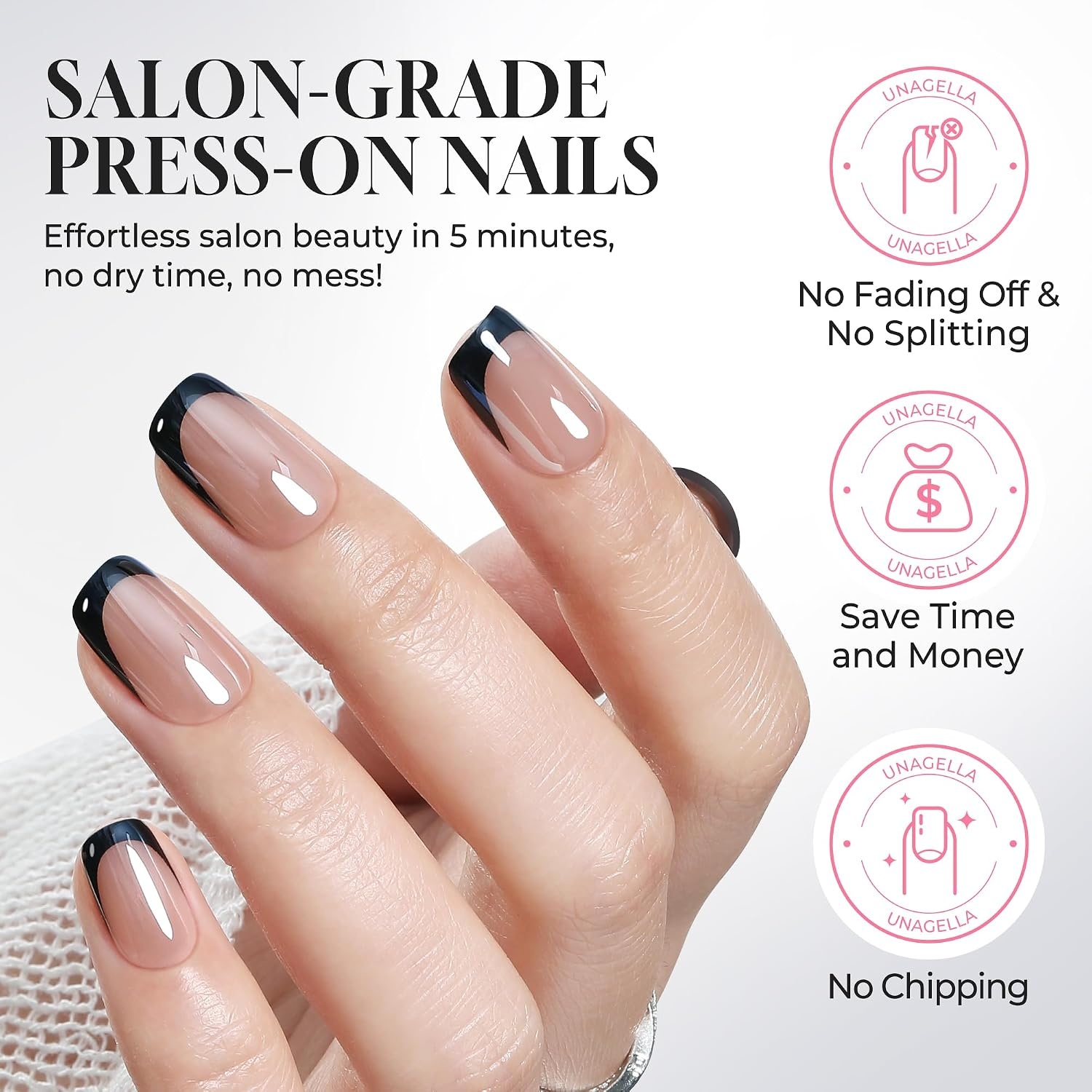 image:imageUNA GELLA Short Square Press On Nails 32 Pcs 16 Sizes Soft Gel Fake Nails Sheer Jelly Light Pink Glossy False Nails for Women Reusable Stick On Nails Kit with Glue and Adhesive TabsMidnight French