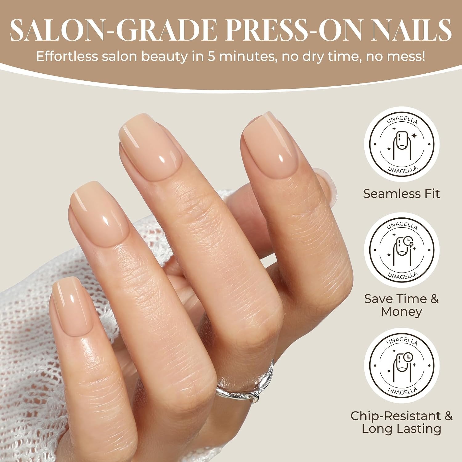 image:imageUNA GELLA Short Square Press On Nails 32 Pcs 16 Sizes Soft Gel Fake Nails Sheer Jelly Light Pink Glossy False Nails for Women Reusable Stick On Nails Kit with Glue and Adhesive TabsANude