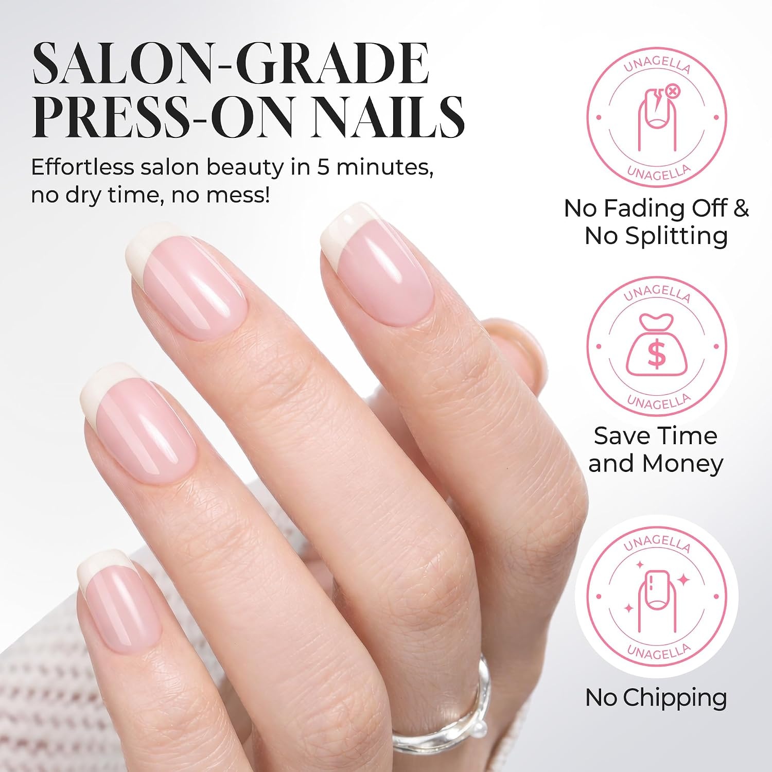 image:imageUNA GELLA Short Square Press On Nails 32 Pcs 16 Sizes Soft Gel Fake Nails Sheer Jelly Light Pink Glossy False Nails for Women Reusable Stick On Nails Kit with Glue and Adhesive TabsParisian Chic