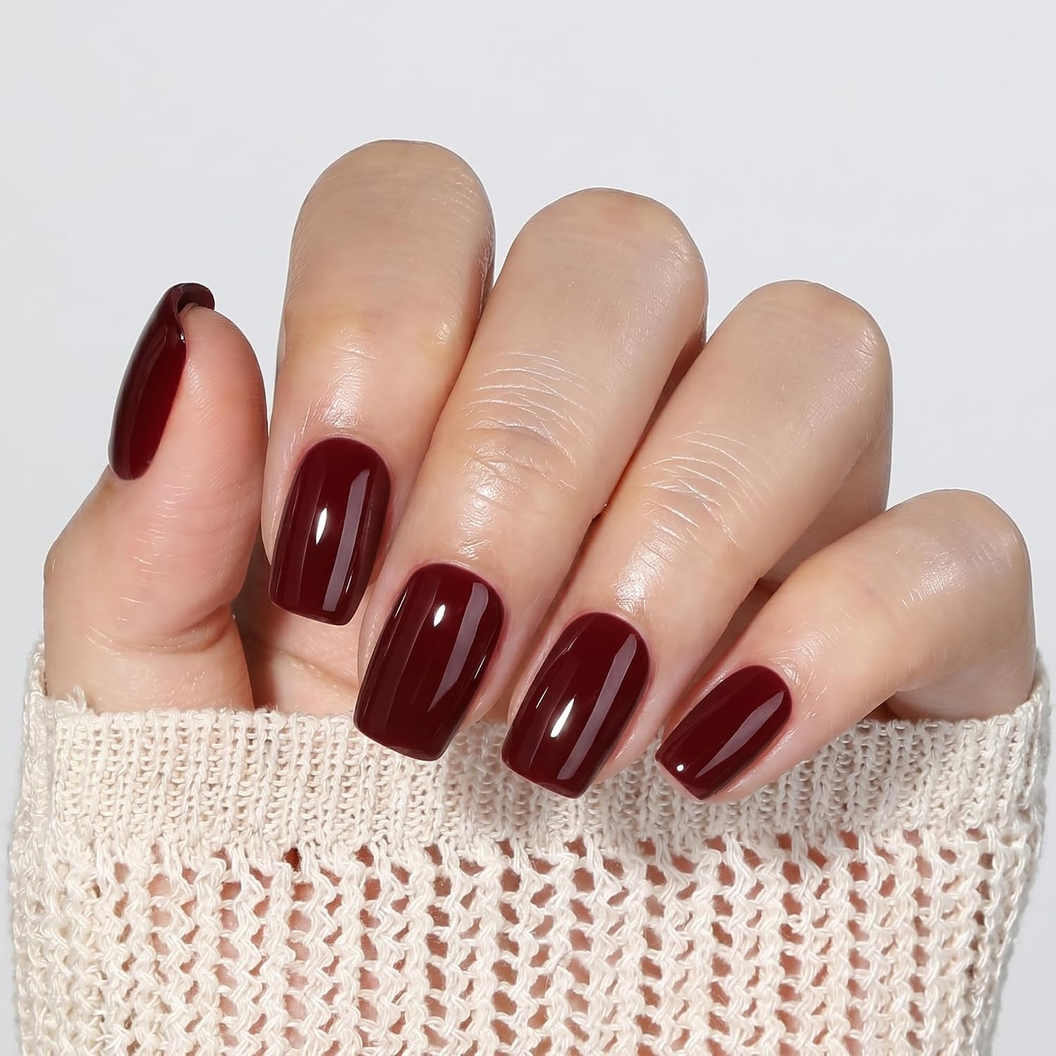 image:imageUNA GELLA Short Square Press On Nails 32 Pcs 16 Sizes Soft Gel Fake Nails Sheer Jelly Light Pink Glossy False Nails for Women Reusable Stick On Nails Kit with Glue and Adhesive TabsModern Burgundy