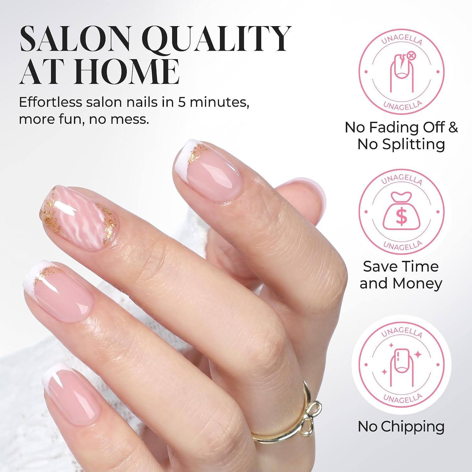 image:imageUNA GELLA Short Square Press On Nails 32 Pcs 16 Sizes Soft Gel Fake Nails Sheer Jelly Light Pink Glossy False Nails for Women Reusable Stick On Nails Kit with Glue and Adhesive TabsGilded Marble Square