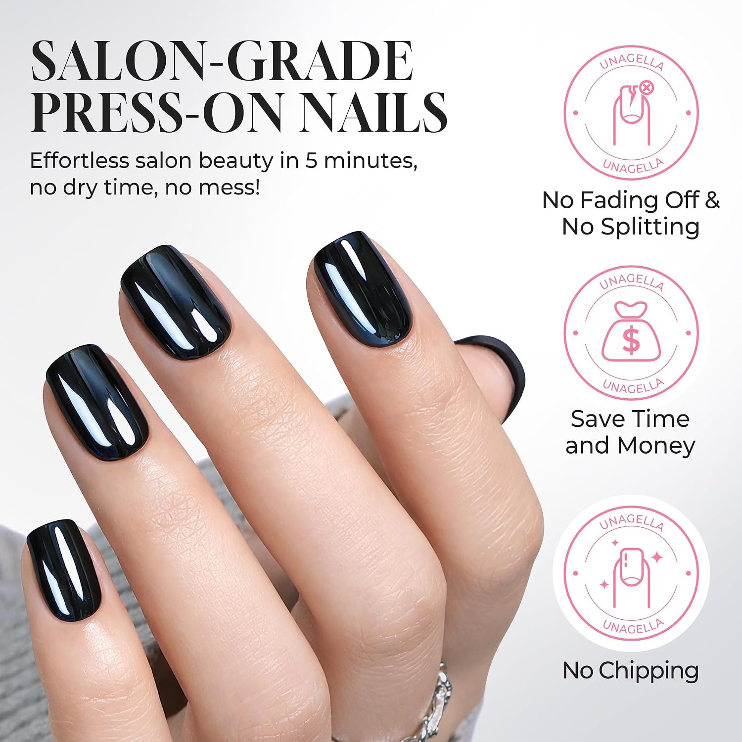 image:imageUNA GELLA Short Square Press On Nails 32 Pcs 16 Sizes Soft Gel Fake Nails Sheer Jelly Light Pink Glossy False Nails for Women Reusable Stick On Nails Kit with Glue and Adhesive TabsMidnight Obsidian