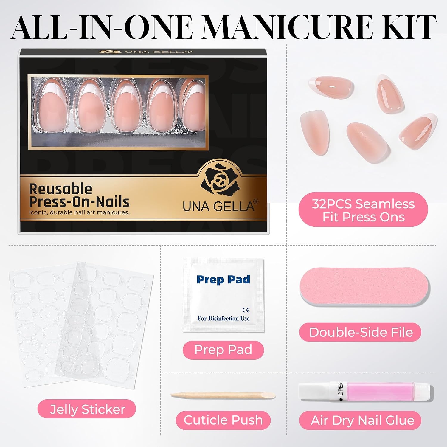 image:imageUNA GELLA Short Square Press On Nails 32 Pcs 16 Sizes Soft Gel Fake Nails Sheer Jelly Light Pink Glossy False Nails for Women Reusable Stick On Nails Kit with Glue and Adhesive TabsMilky Pink
