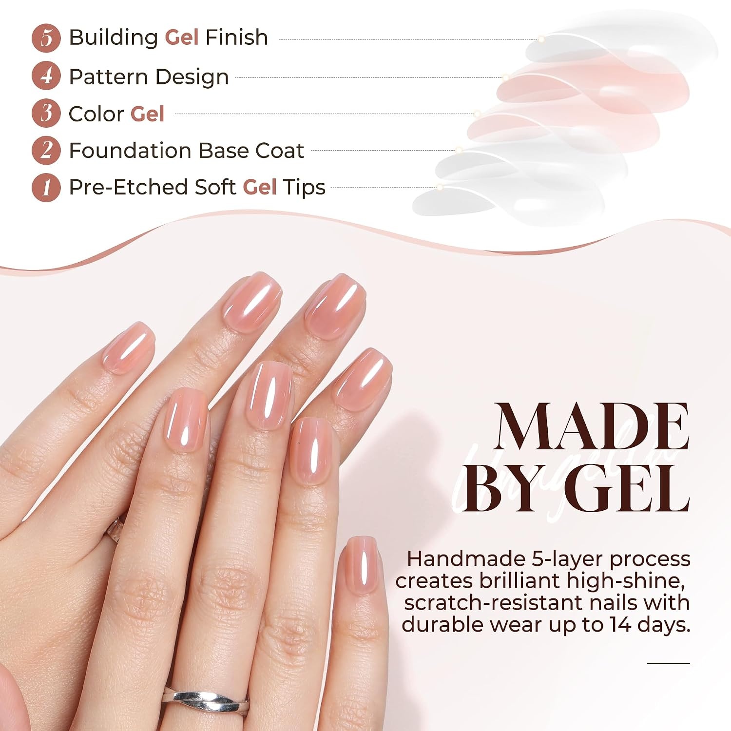 image:imageUNA GELLA Short Square Press On Nails 32 Pcs 16 Sizes Soft Gel Fake Nails Sheer Jelly Light Pink Glossy False Nails for Women Reusable Stick On Nails Kit with Glue and Adhesive TabsChrome Nude Pink