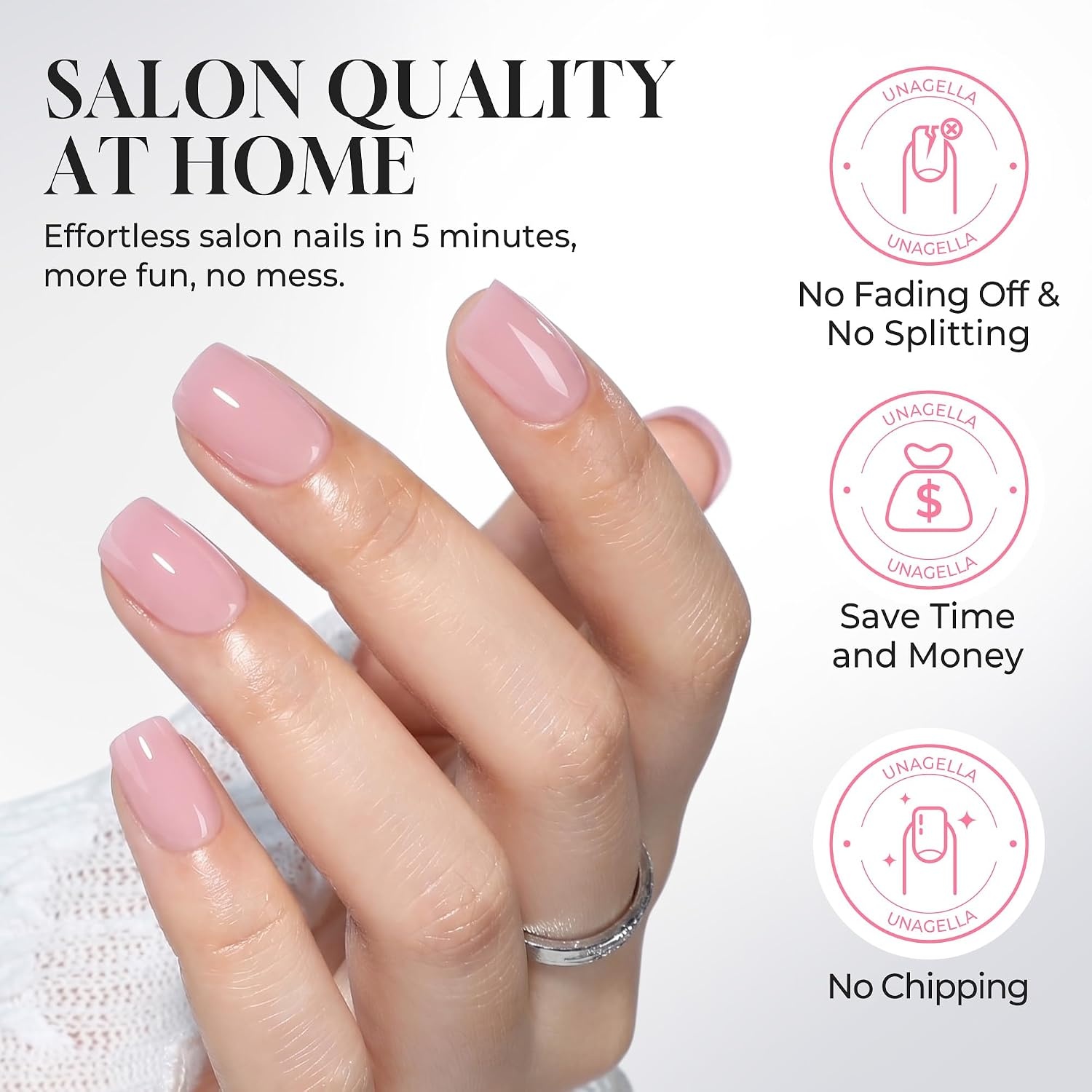 image:imageUNA GELLA Short Square Press On Nails 32 Pcs 16 Sizes Soft Gel Fake Nails Sheer Jelly Light Pink Glossy False Nails for Women Reusable Stick On Nails Kit with Glue and Adhesive TabsJelly Blush