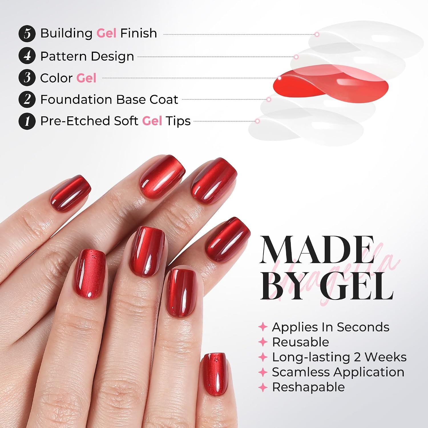 image:imageUNA GELLA Short Square Press On Nails 32 Pcs 16 Sizes Soft Gel Fake Nails Sheer Jelly Light Pink Glossy False Nails for Women Reusable Stick On Nails Kit with Glue and Adhesive TabsVelvet Crimson