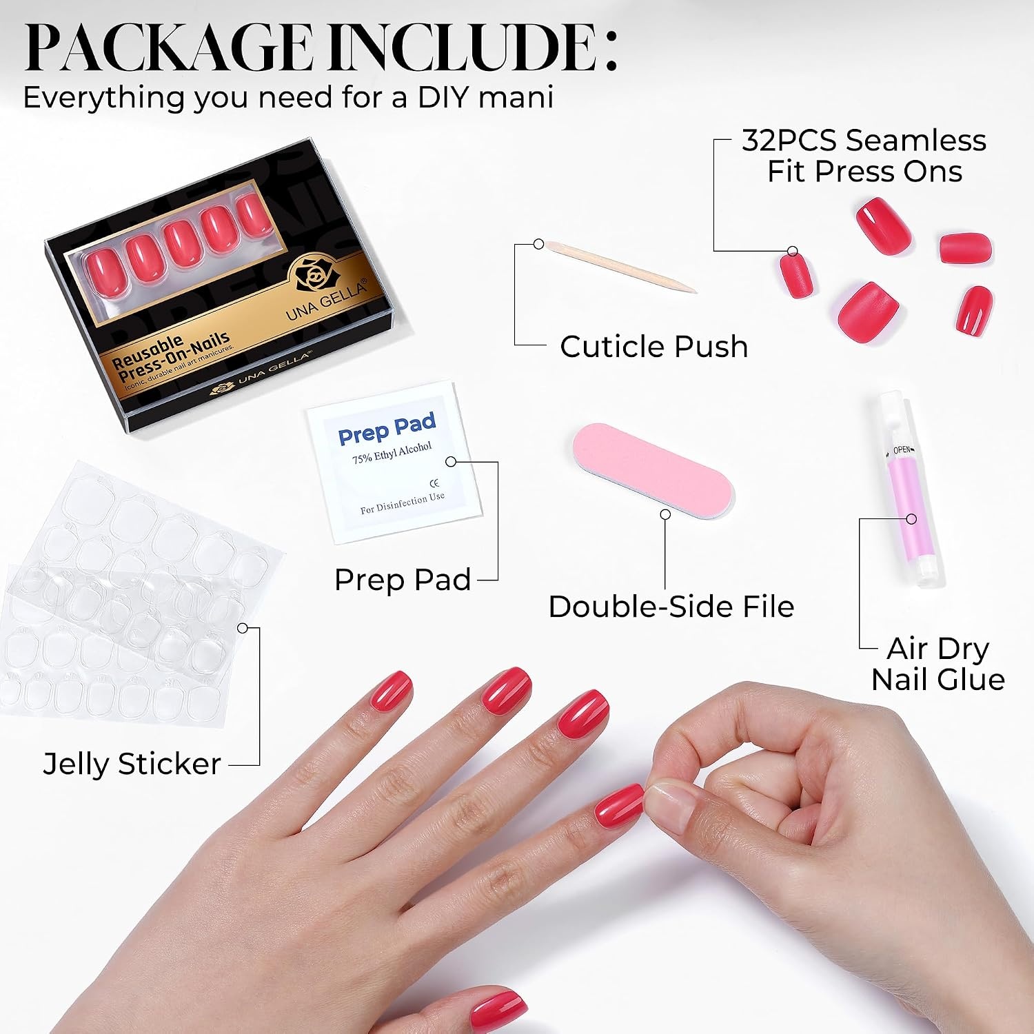 image:imageUNA GELLA Short Square Press On Nails 32 Pcs 16 Sizes Soft Gel Fake Nails Sheer Jelly Light Pink Glossy False Nails for Women Reusable Stick On Nails Kit with Glue and Adhesive TabsWatermelon Sugar