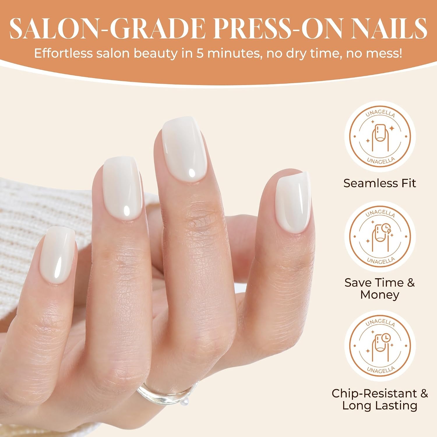 image:imageUNA GELLA Short Square Press On Nails 32 Pcs 16 Sizes Soft Gel Fake Nails Sheer Jelly Light Pink Glossy False Nails for Women Reusable Stick On Nails Kit with Glue and Adhesive TabsChrome Pearl White
