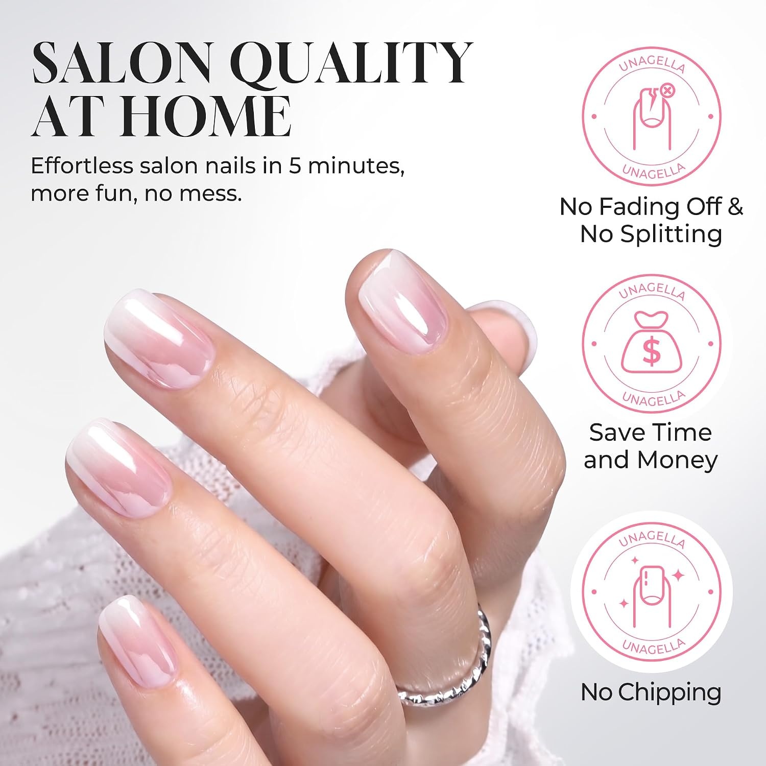 image:imageUNA GELLA Short Square Press On Nails 32 Pcs 16 Sizes Soft Gel Fake Nails Sheer Jelly Light Pink Glossy False Nails for Women Reusable Stick On Nails Kit with Glue and Adhesive TabsBaby Boomer Chic