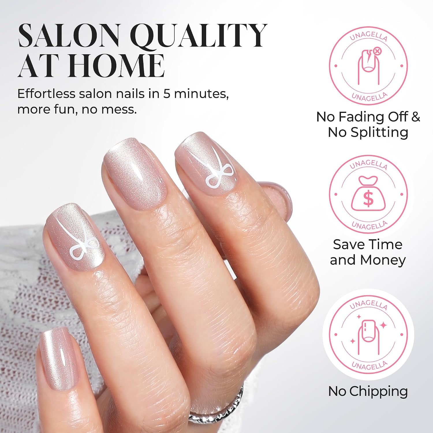 image:imageUNA GELLA Short Square Press On Nails 32 Pcs 16 Sizes Soft Gel Fake Nails Sheer Jelly Light Pink Glossy False Nails for Women Reusable Stick On Nails Kit with Glue and Adhesive TabsBalletcore Bow