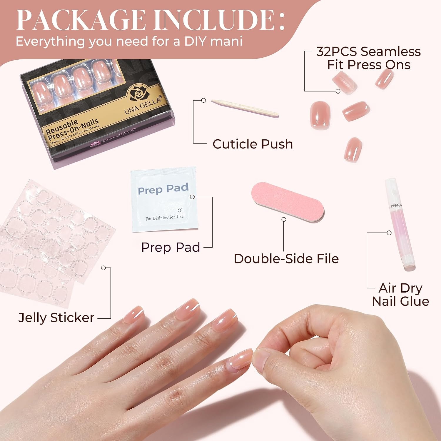image:imageUNA GELLA Short Square Press On Nails 32 Pcs 16 Sizes Soft Gel Fake Nails Sheer Jelly Light Pink Glossy False Nails for Women Reusable Stick On Nails Kit with Glue and Adhesive TabsChrome Nude Pink